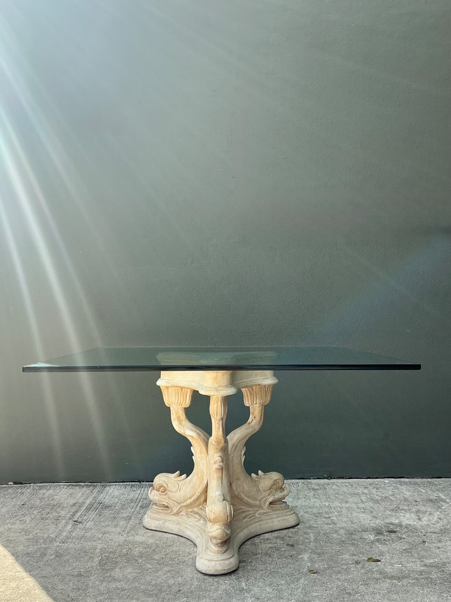 Vintage Plaster Dolphin Base Glass Dining Table - Side view