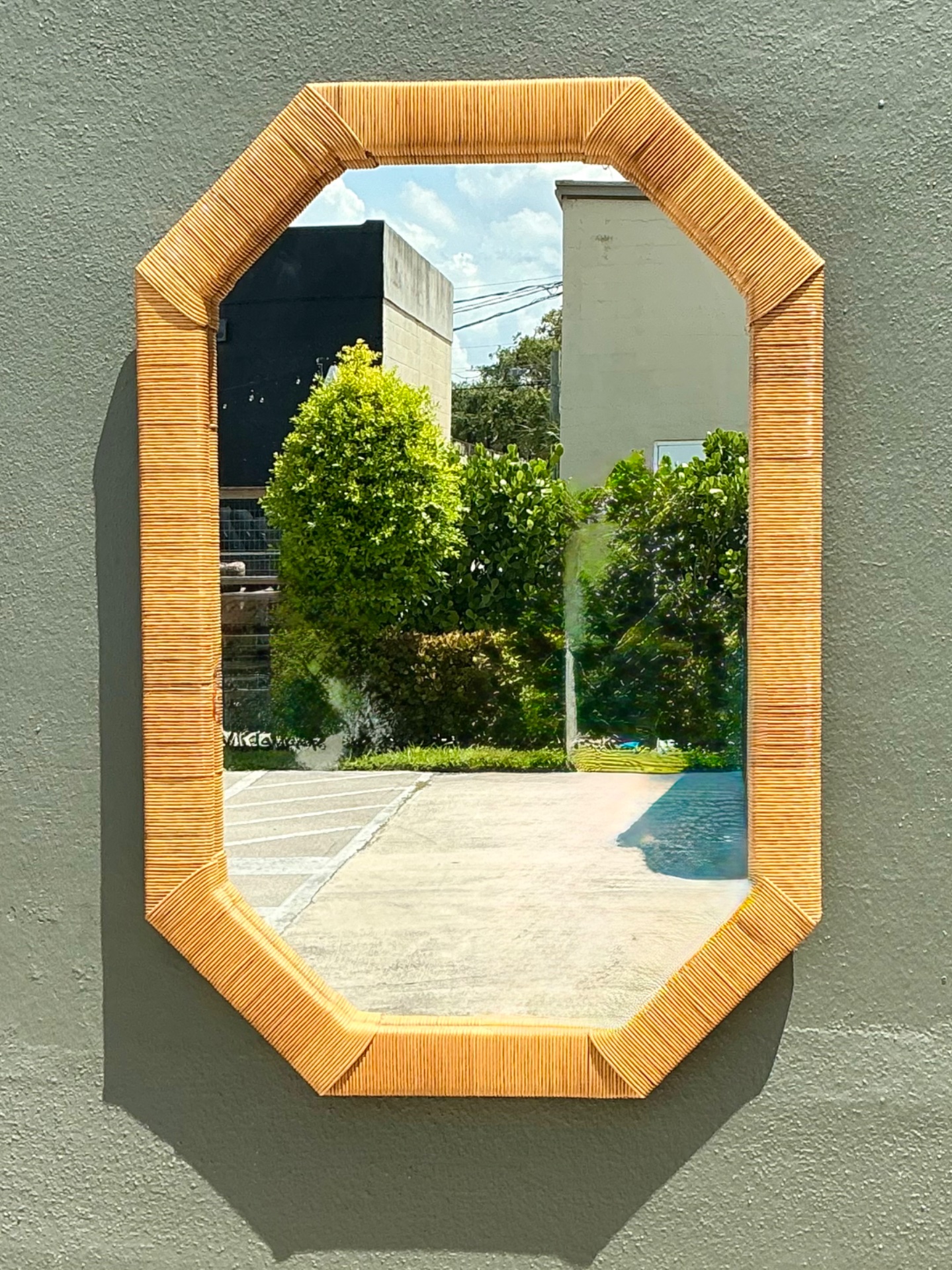 Vintage Octagonal Rattan Wrapped Wall Mirror - Back view
