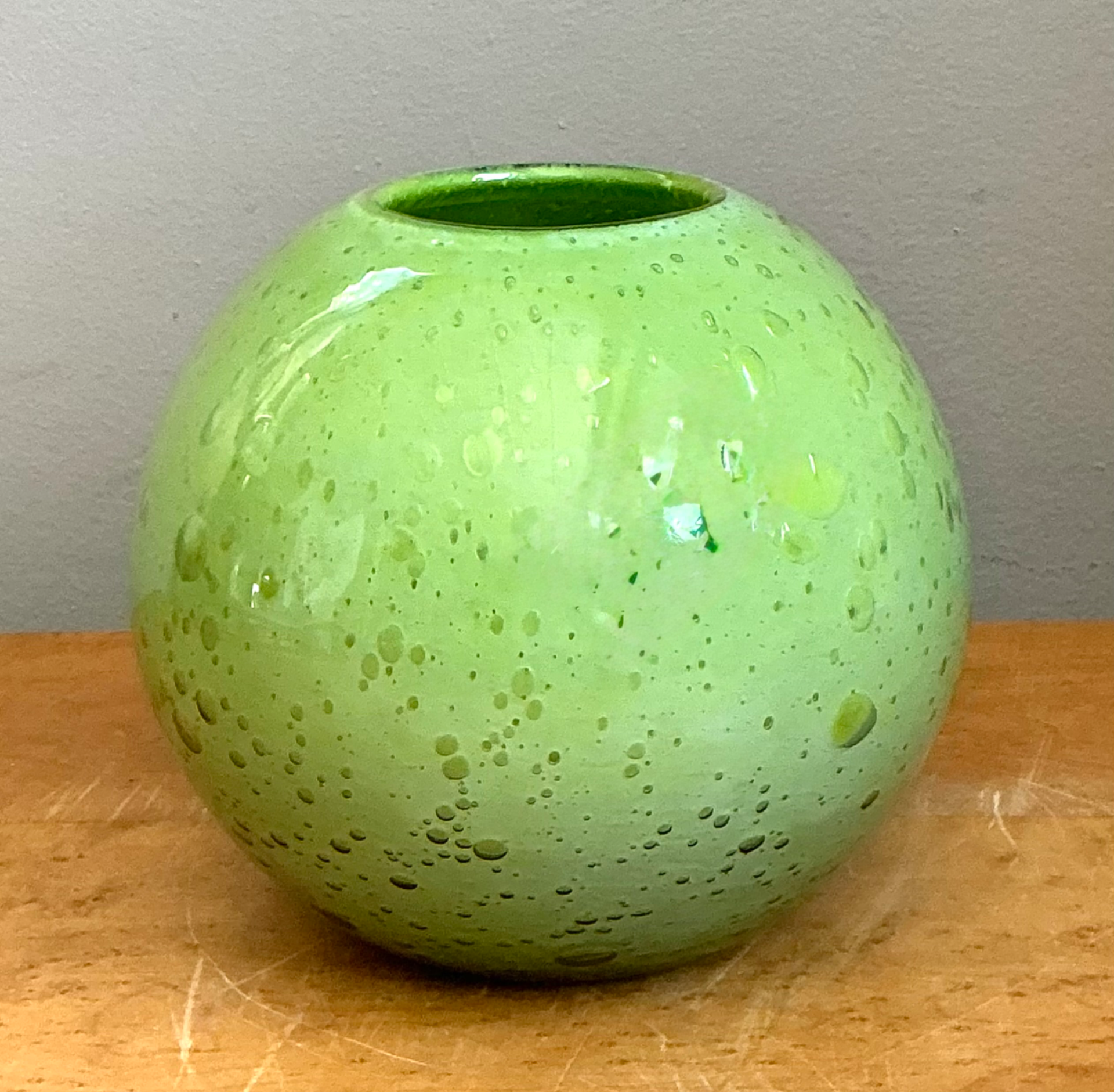Vintage Green Glass Bubble Sphere Vase - Detail view