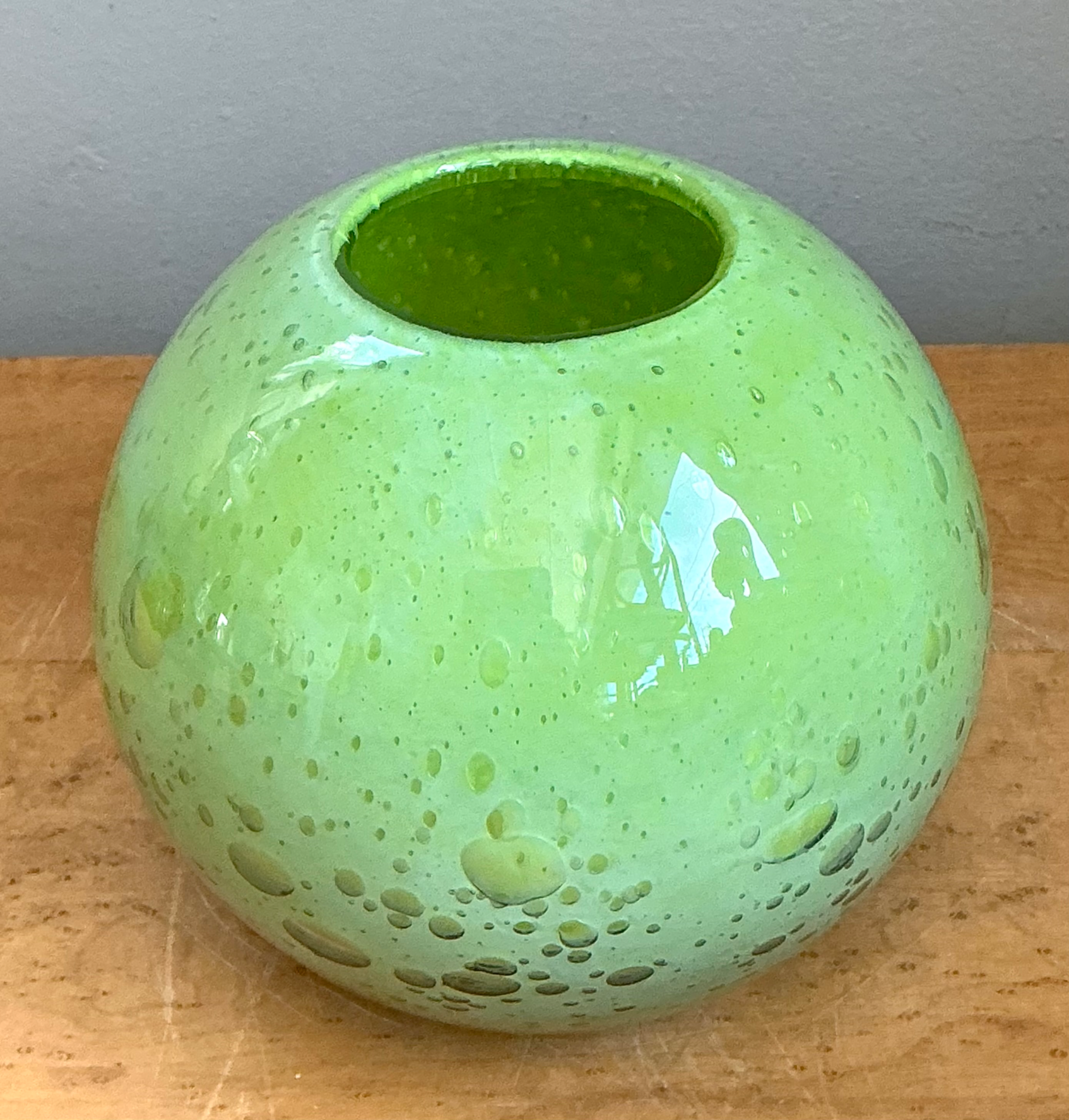 Vintage Green Glass Bubble Sphere Vase - Back view