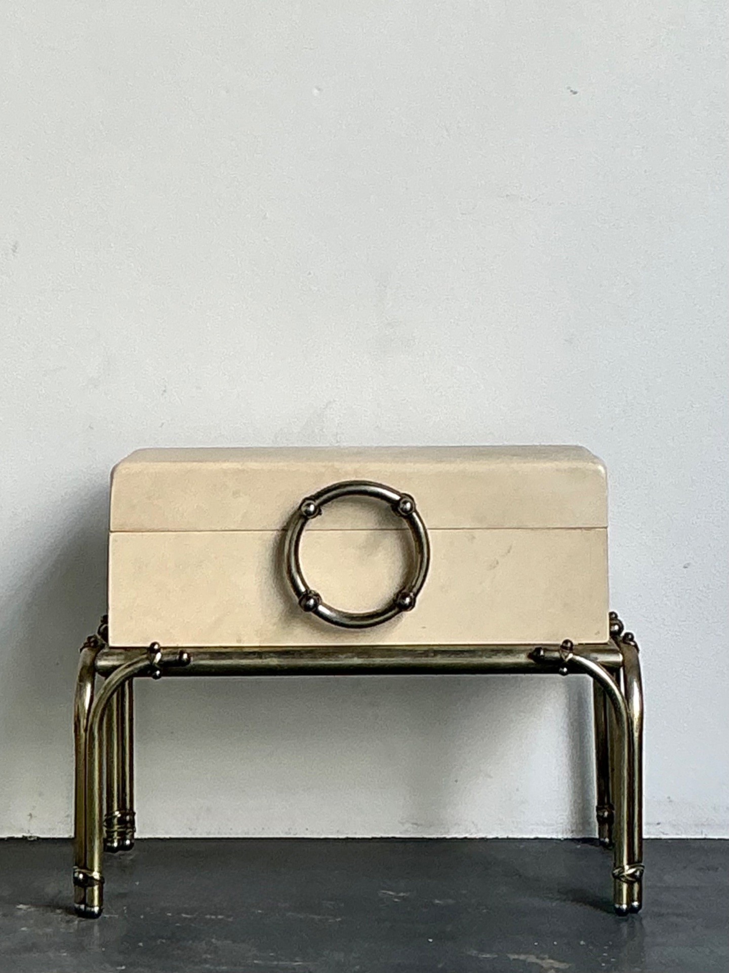 Vintage Brass and Parchment Box on Chrome Stand After Karl Springer - Detail view