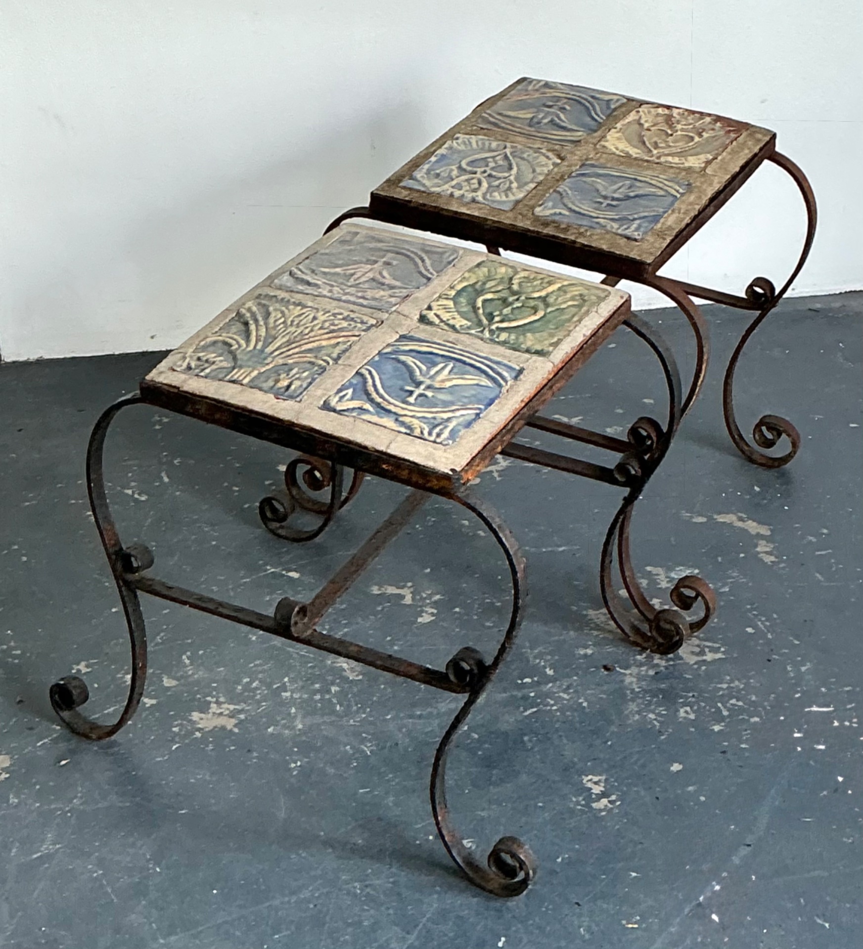 Vintage Italian Distressed Wrought Iron and Ceramic Tile Tables - Top view