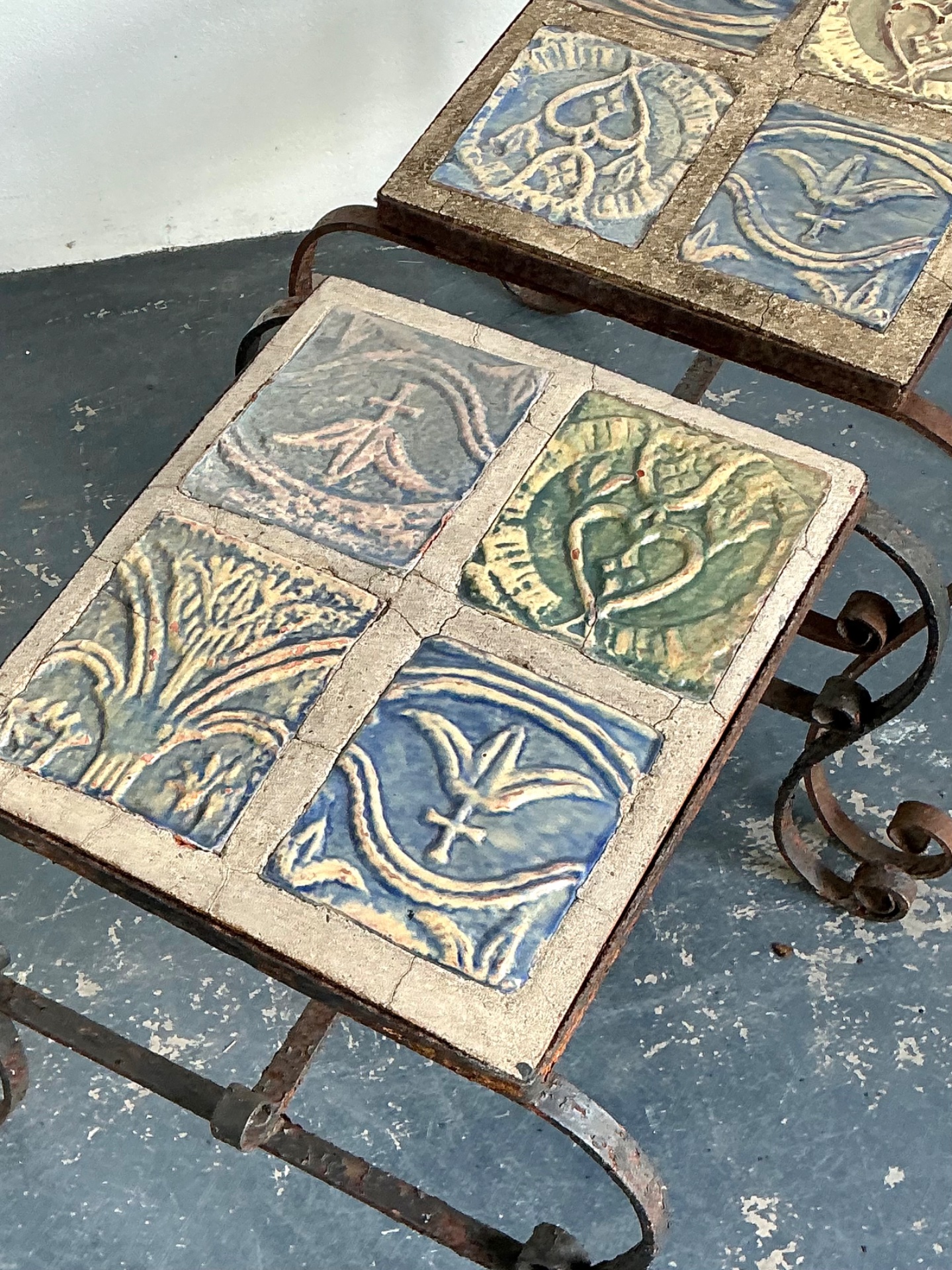Vintage Italian Distressed Wrought Iron and Ceramic Tile Tables - Back view