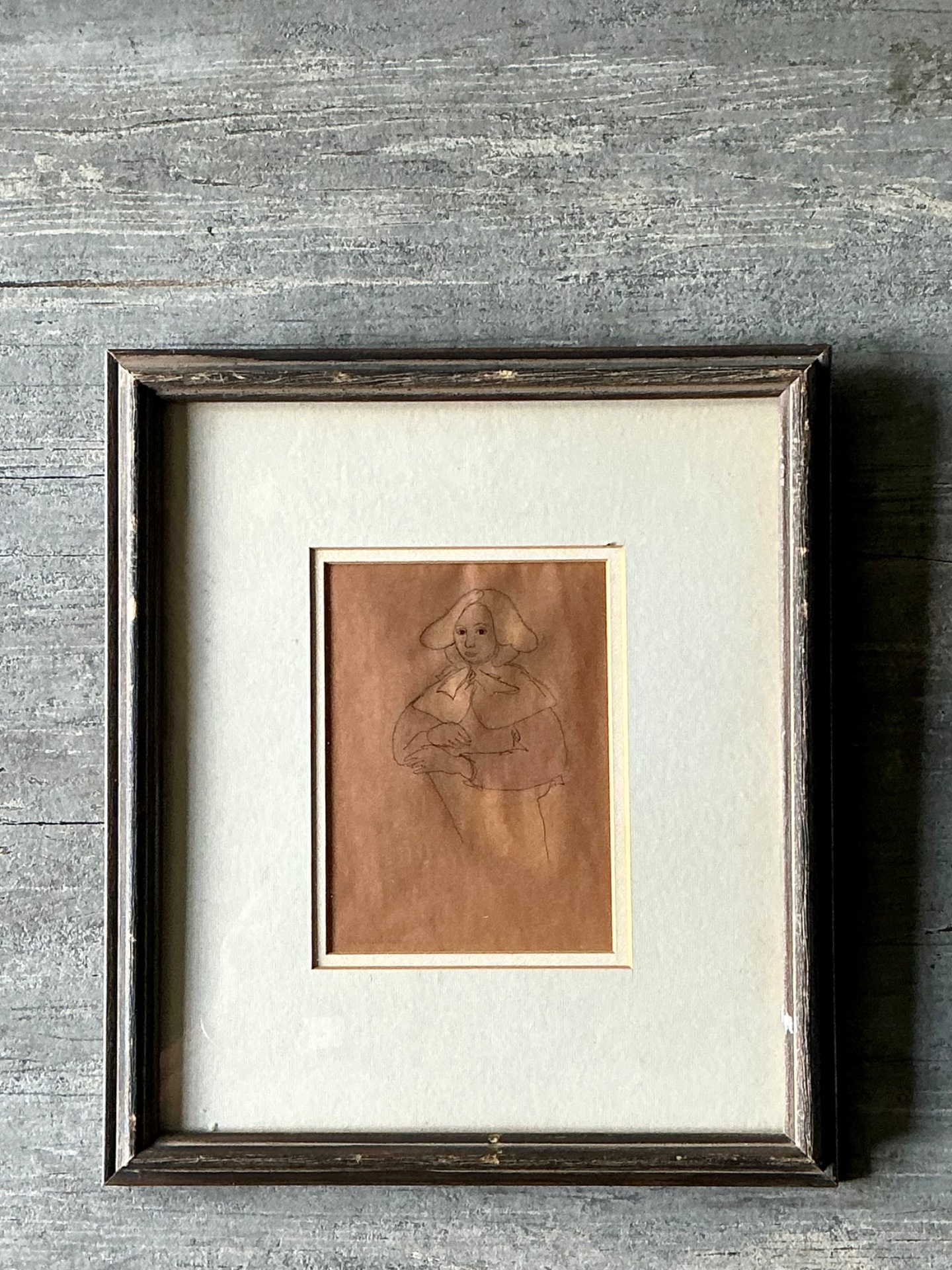 Vintage Portrait Drawing in Frame - Detail view