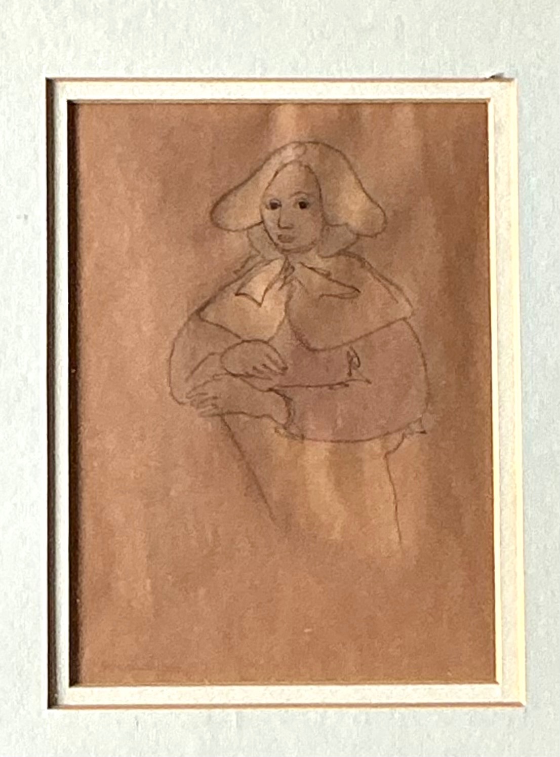 Vintage Portrait Drawing in Frame - Back view