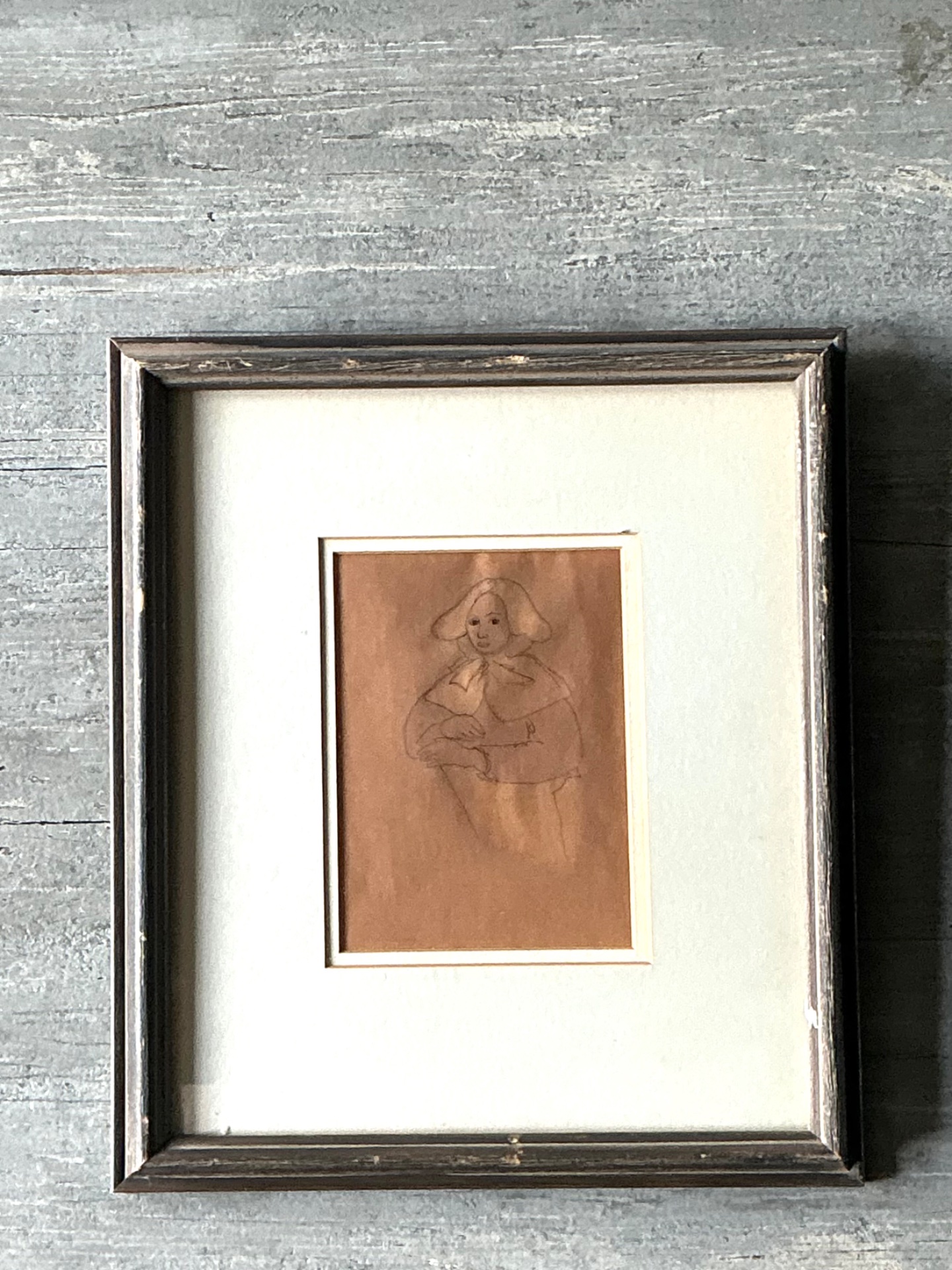 Vintage Portrait Drawing in Frame - Top view