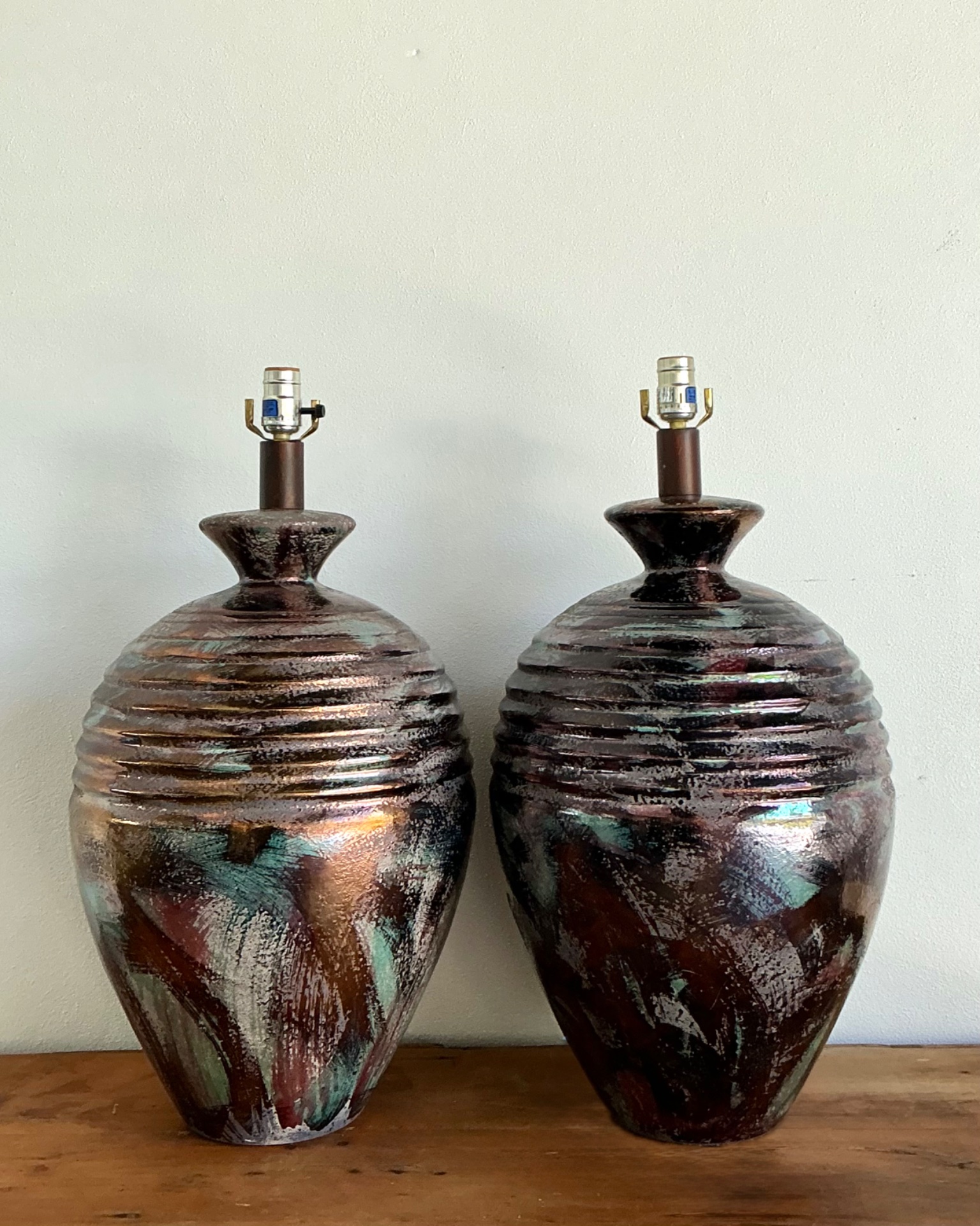 Vintage Glazed Metallic Ceramic Lamps - Set of 2 - Detail view