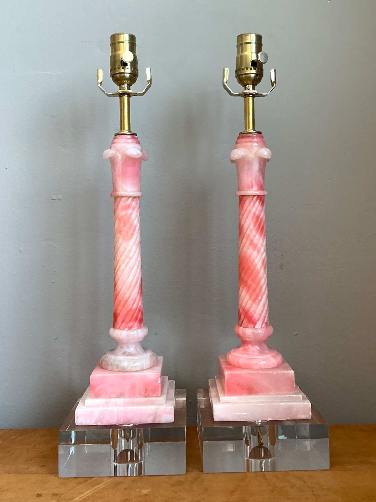 Vintage Pink Marble Column Lamps - A Pair - Side view