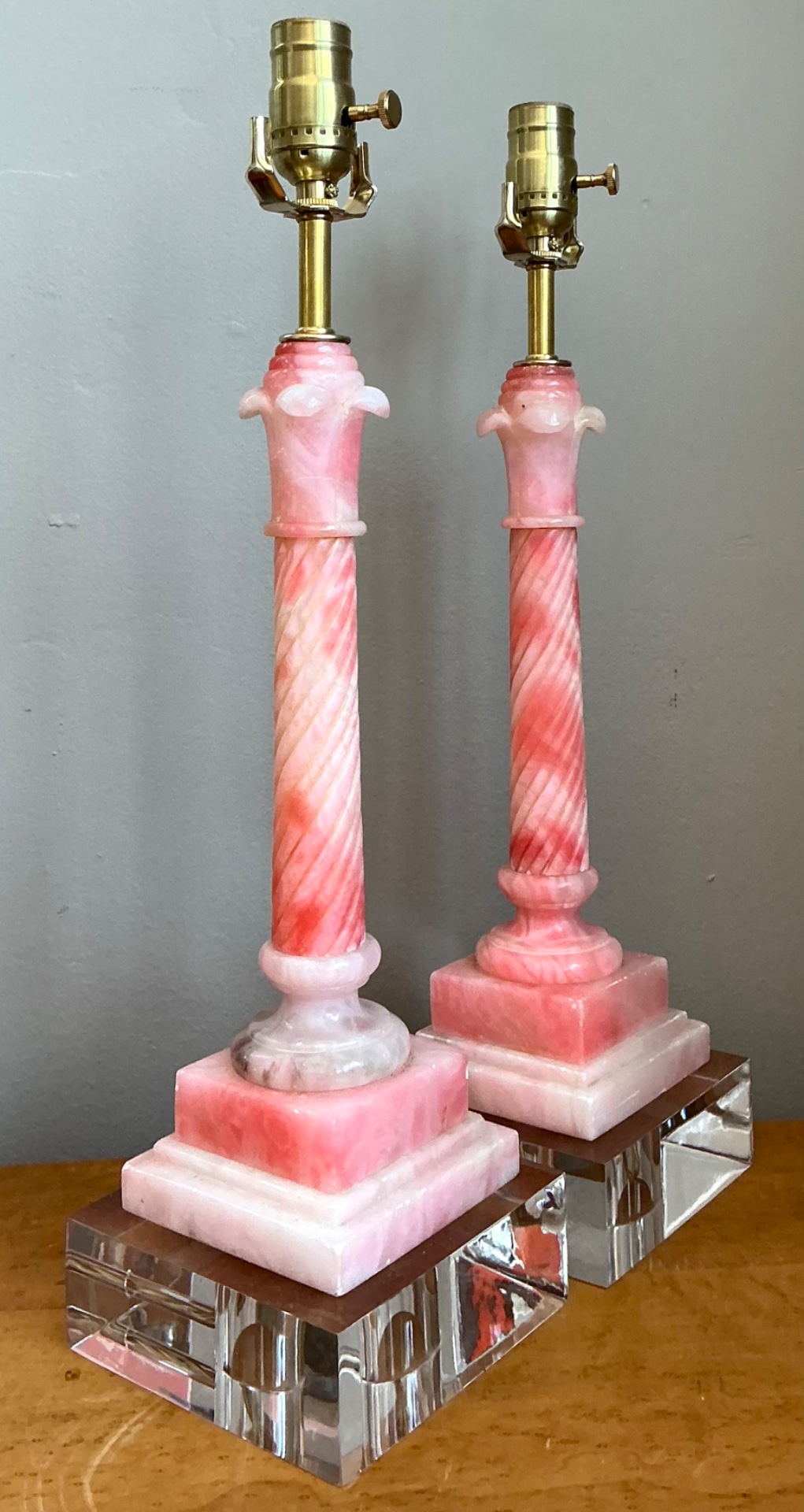 Vintage Pink Marble Column Lamps - A Pair - Back view