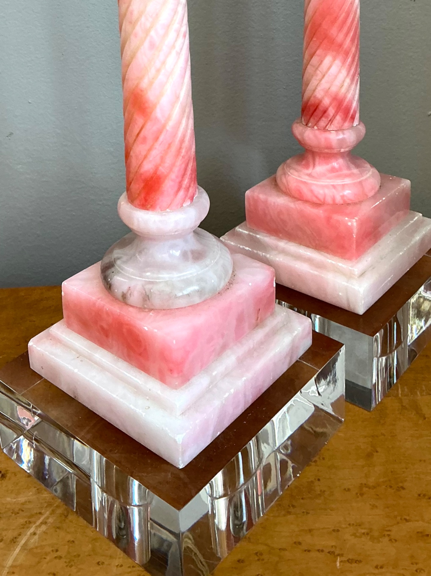 Vintage Pink Marble Column Lamps - A Pair - Top view
