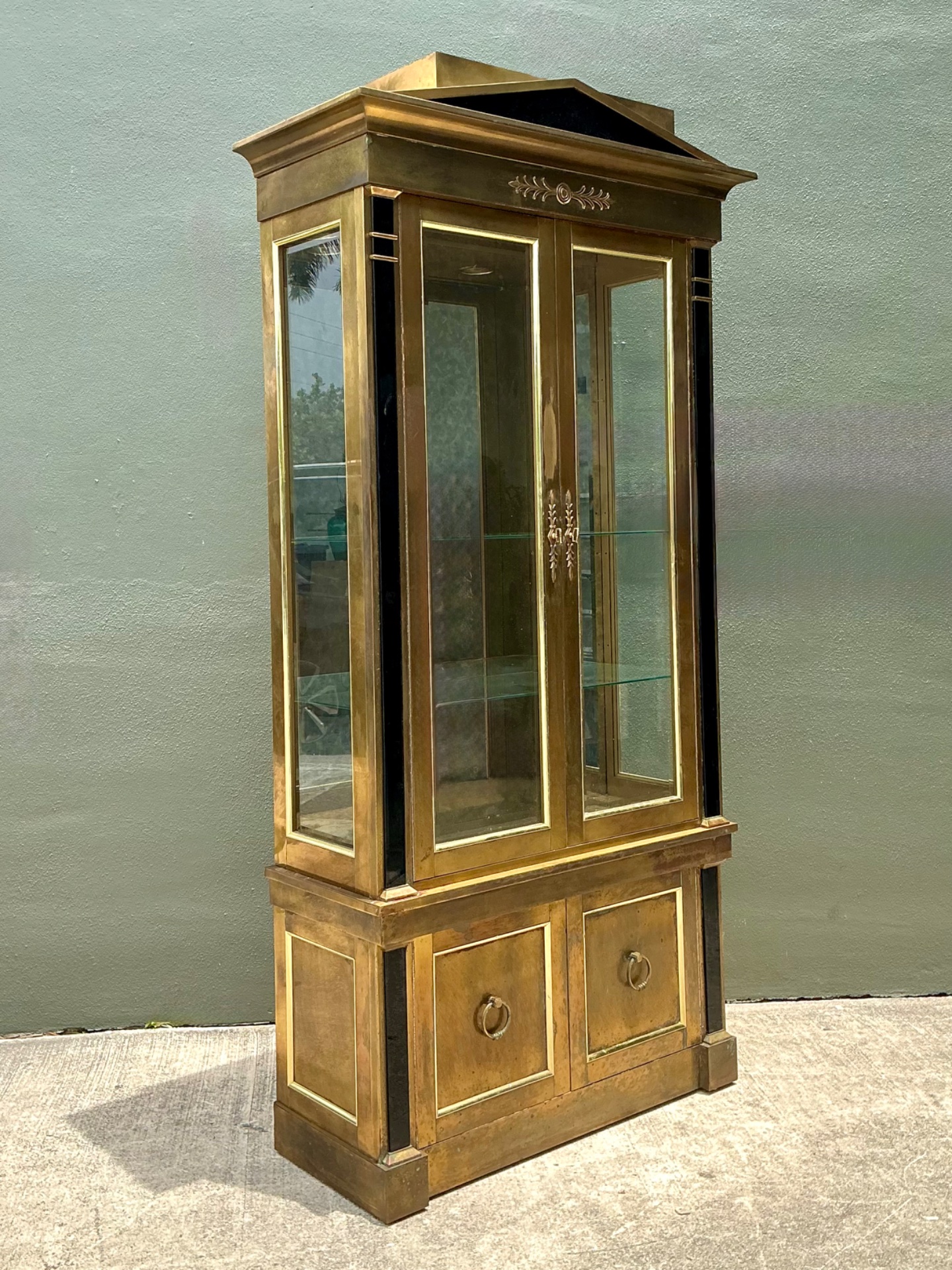 Vintage Mastercraft Brass Pediment Cabinet - Detail view