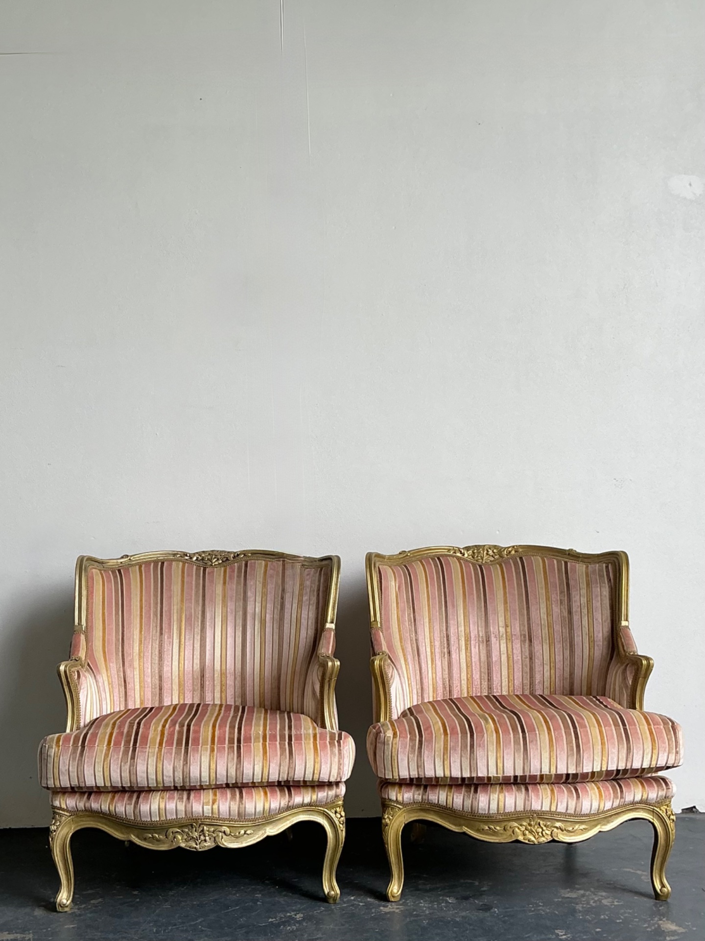 Vintage French Giltwood Striped Devore Bergère Chairs - A Pair - Back view