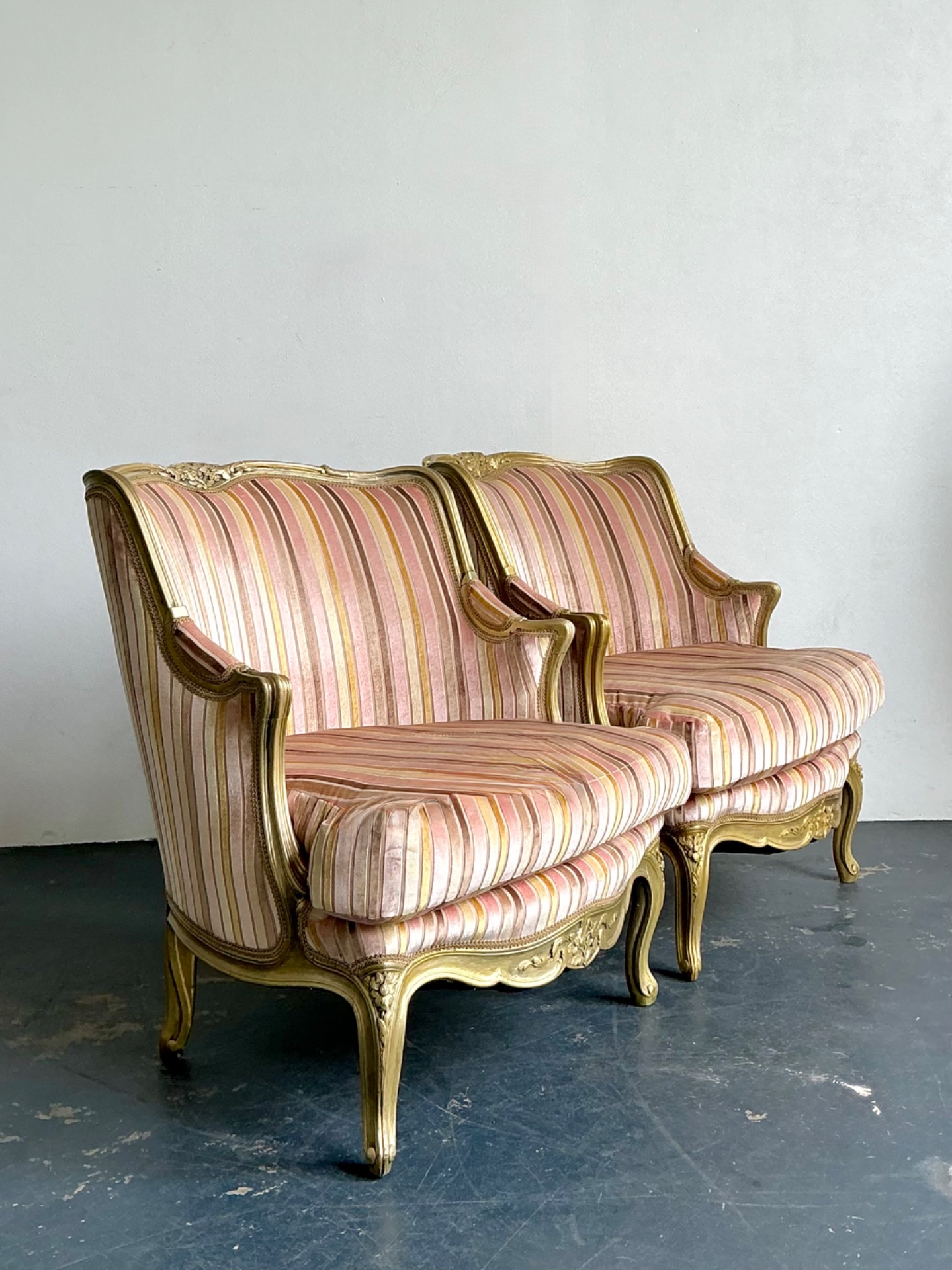 Vintage French Giltwood Striped Devore Bergère Chairs - A Pair - Side view