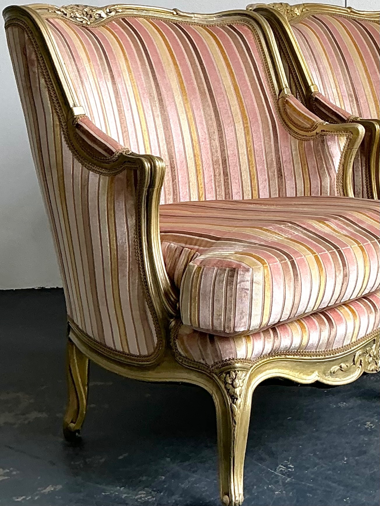 Vintage French Giltwood Striped Devore Bergère Chairs - A Pair - Top view