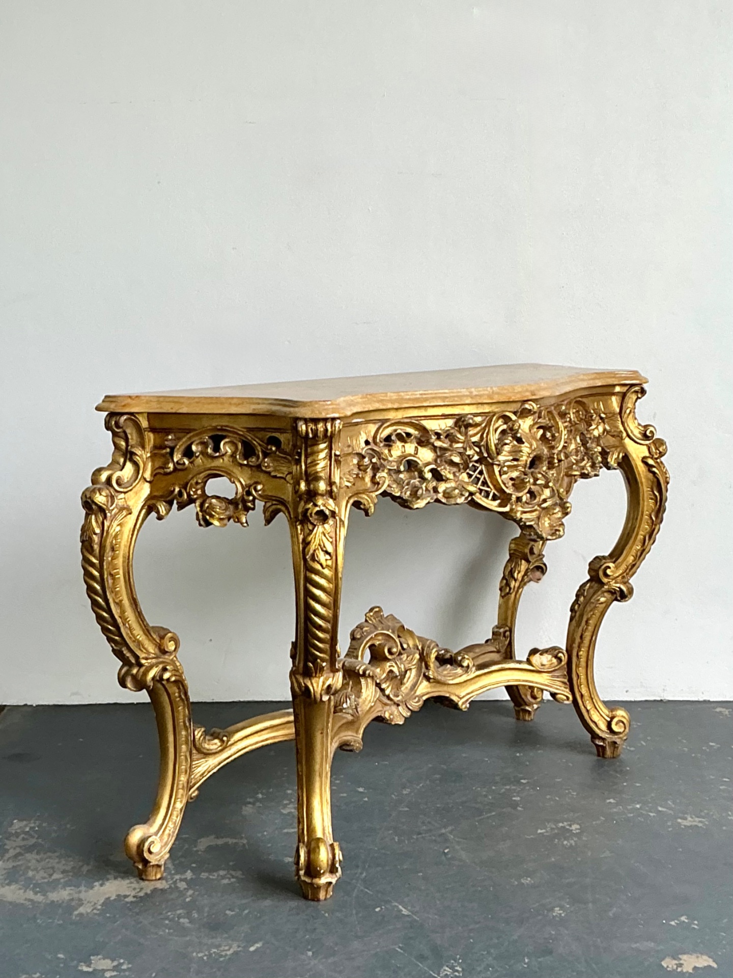 Antique Giltwood Rococo Style Console Marble Top Table - Side view