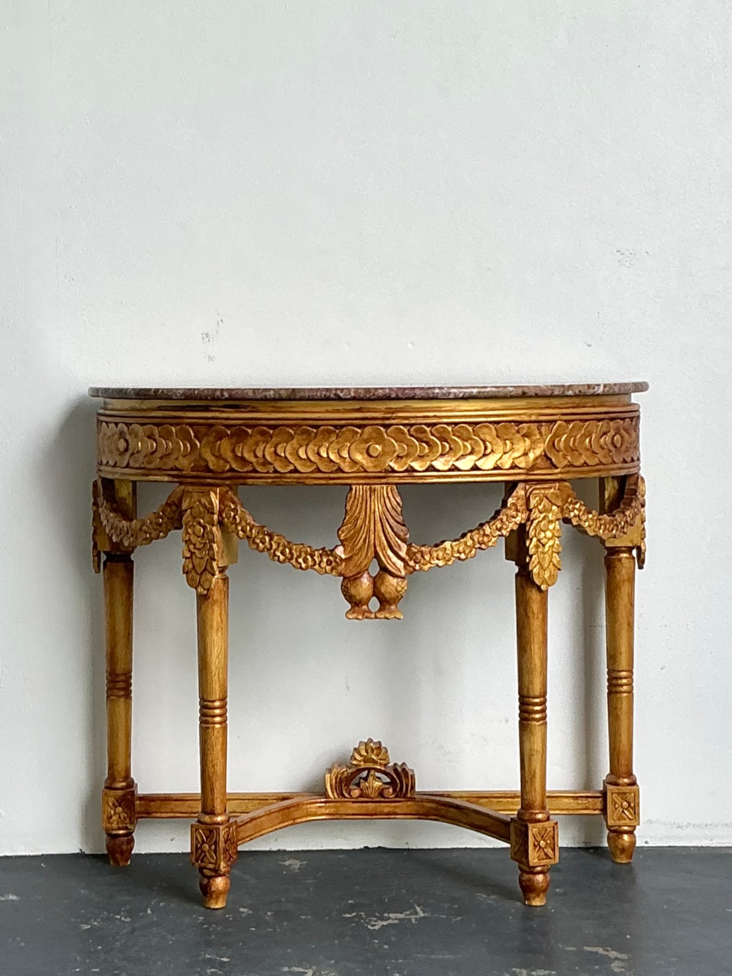 Antique Carved Giltwood Pomegranate Console with Marble Top - Side view