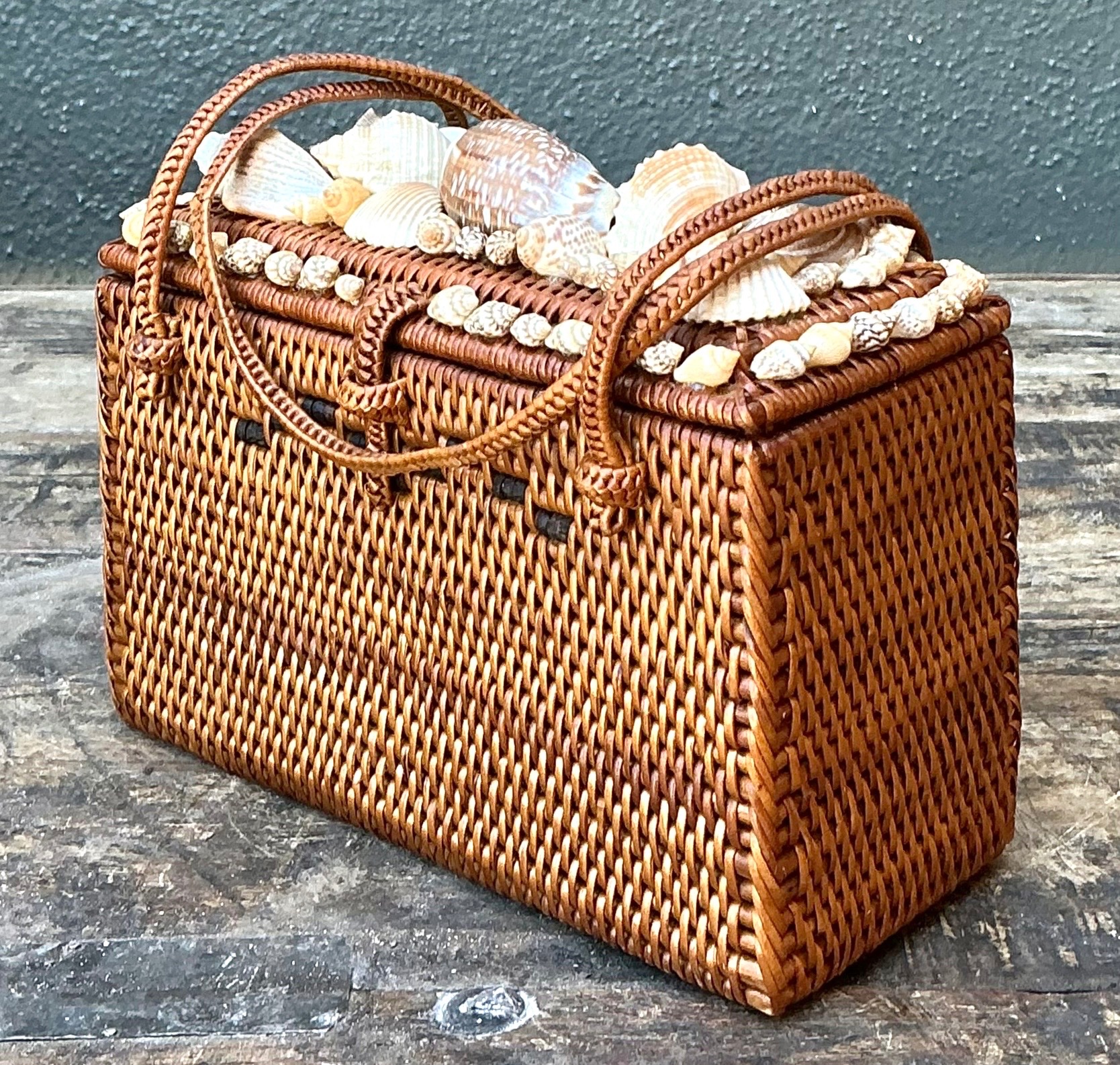 Vintage Woven Rattan and Shells Handbag - Side view