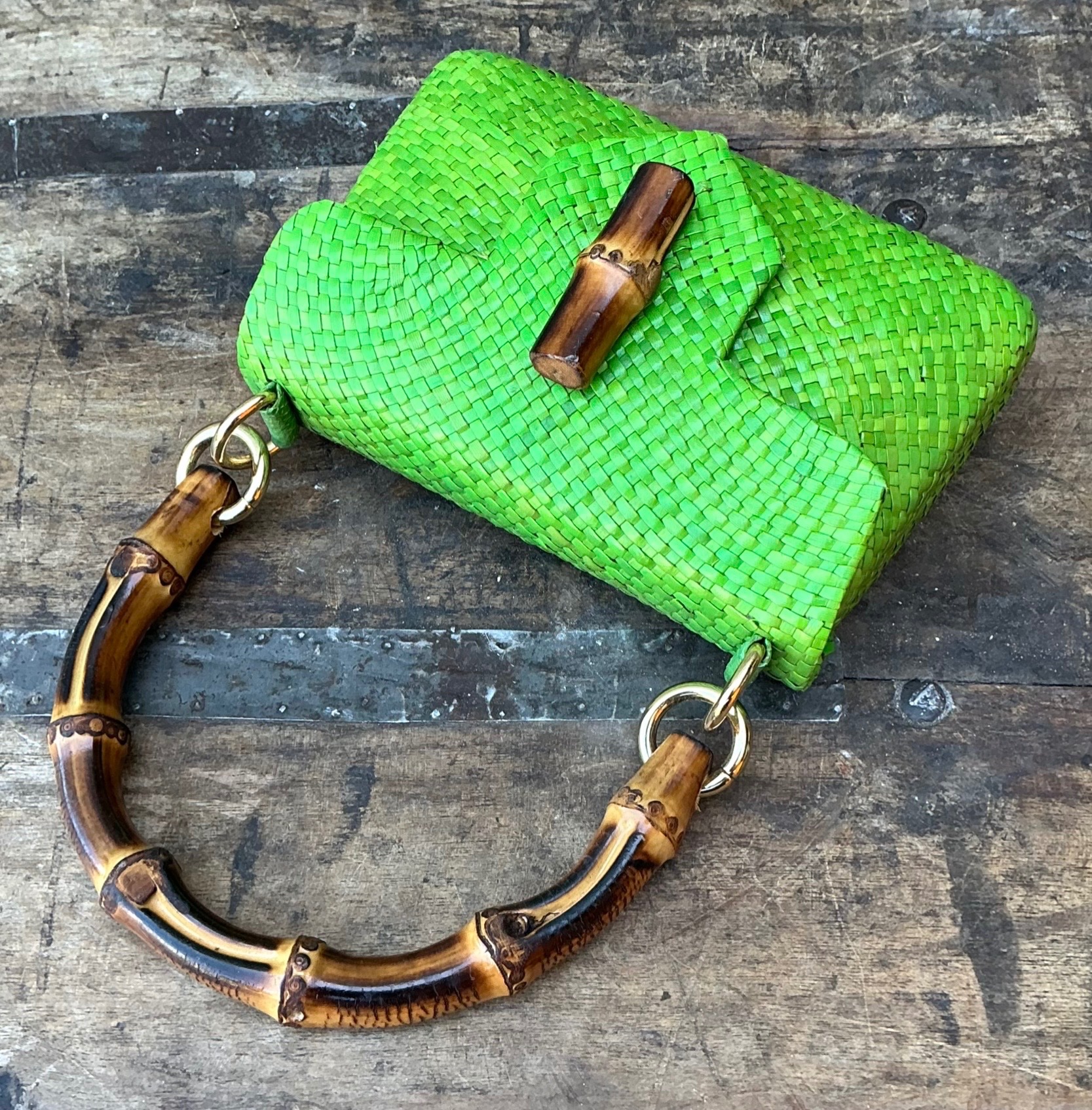Vintage Bamboo Handle Woven Green Purse - Detail view