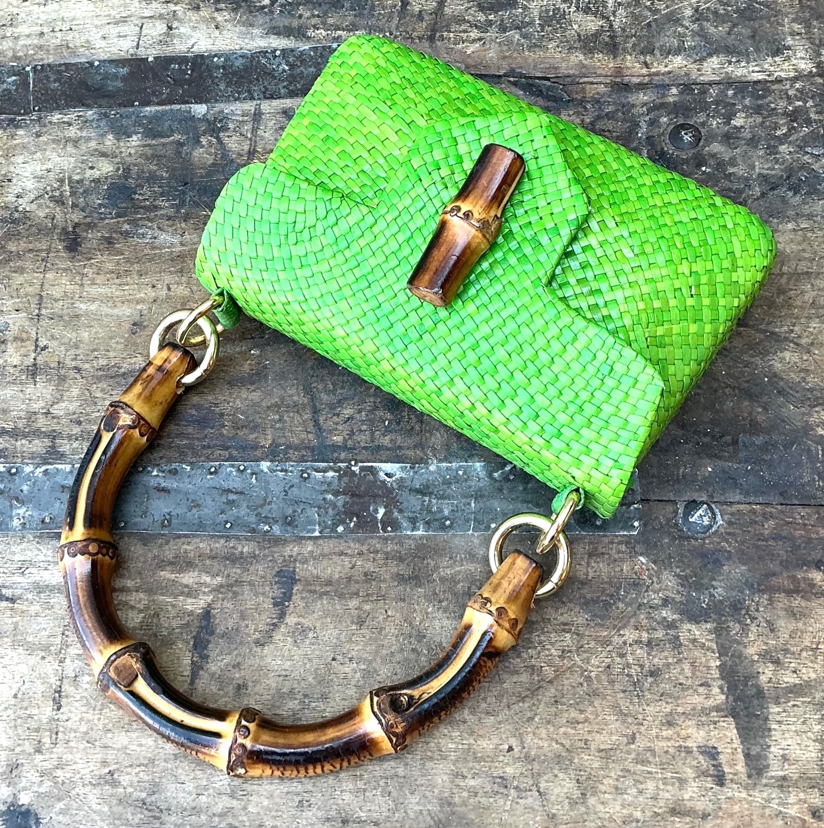 Vintage Bamboo Handle Woven Green Purse - Side view