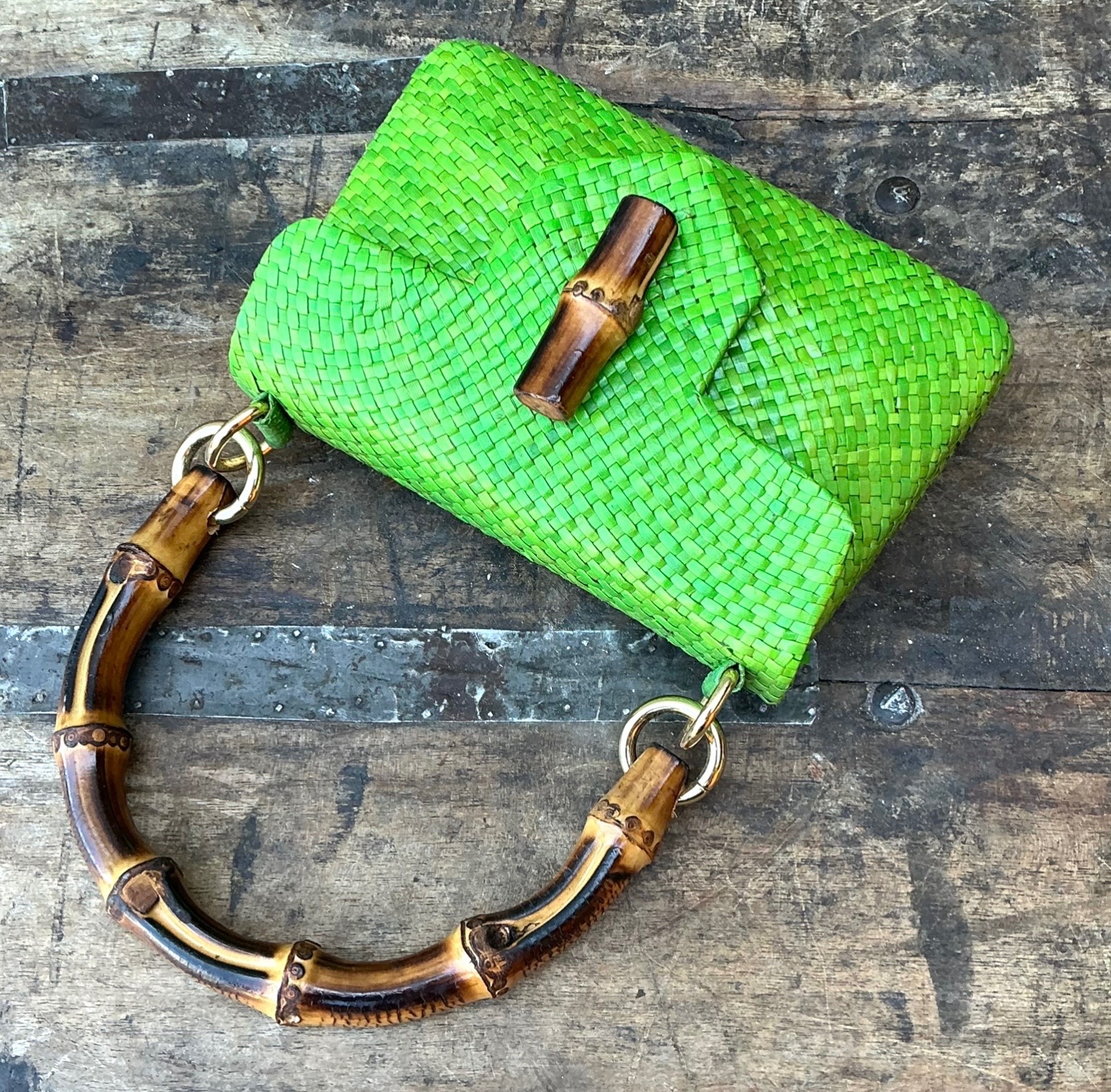 Vintage Bamboo Handle Woven Green Purse - Top view