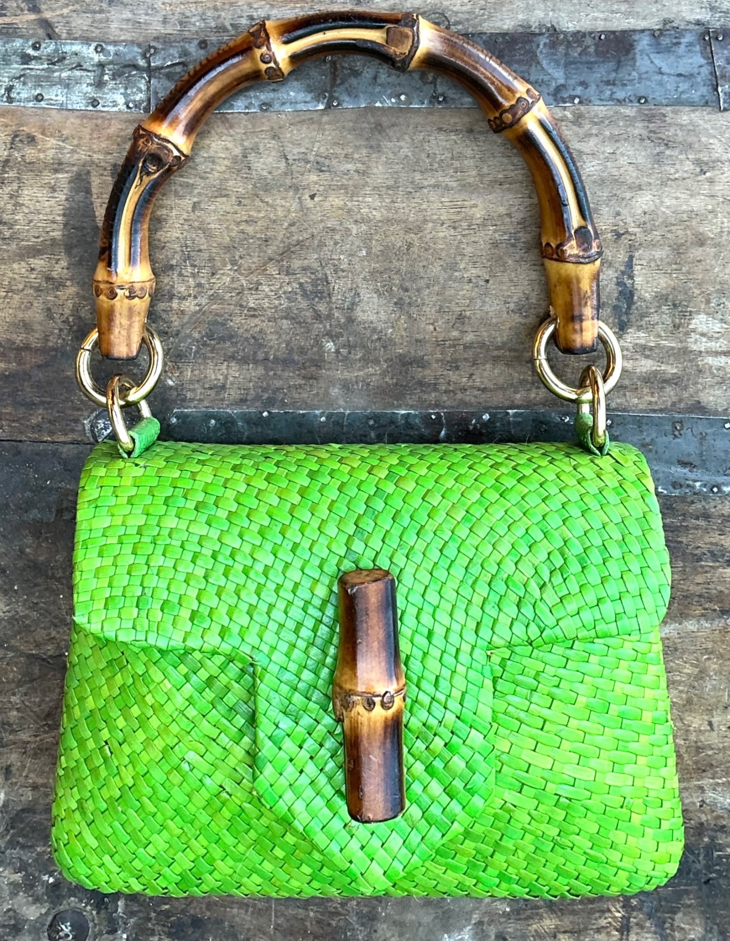 Vintage Bamboo Handle Woven Green Purse - Back view