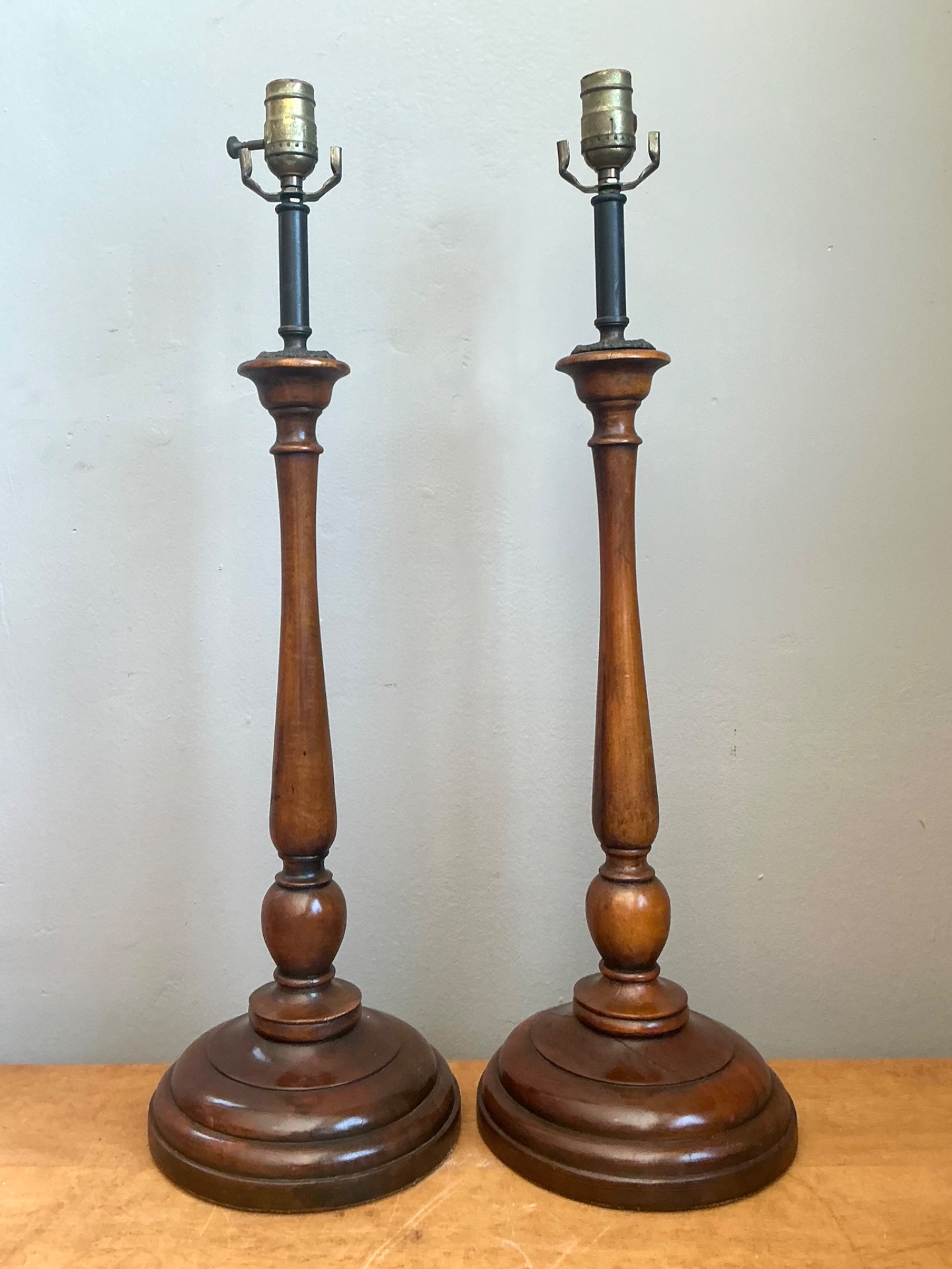 Vintage Theodore Alexander Turned Wood Candlestick Table Lamps - A Pair - Side view