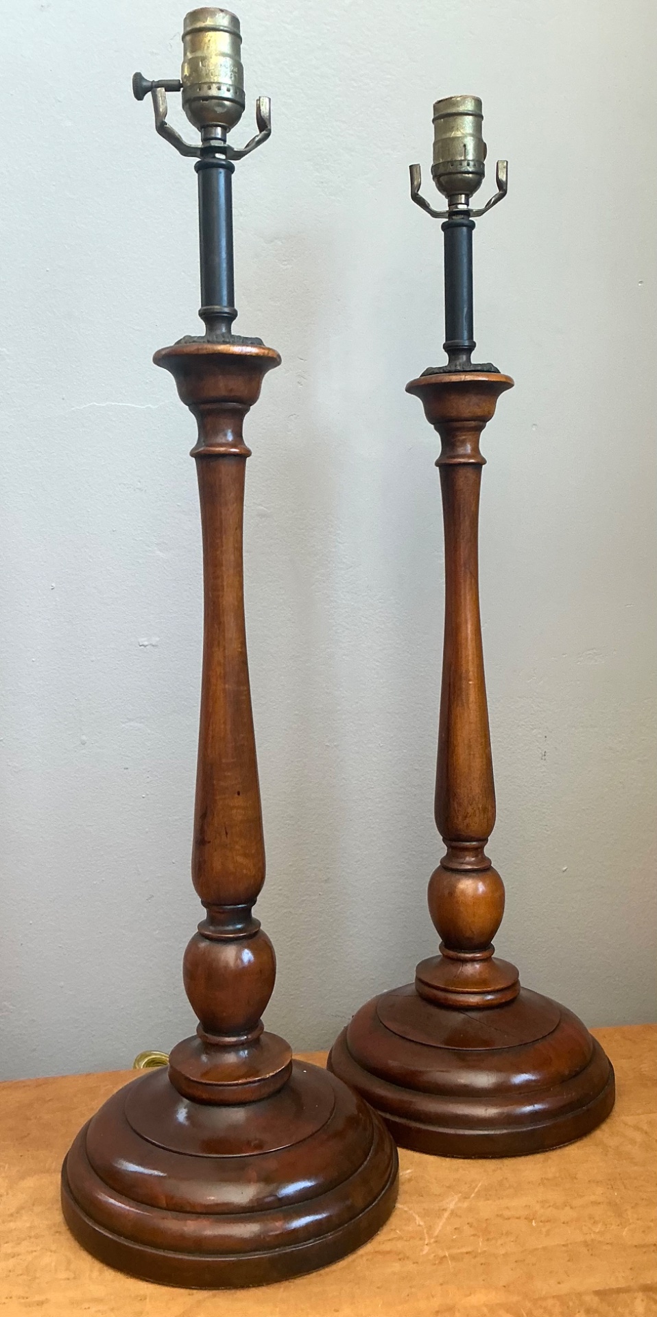 Vintage Theodore Alexander Turned Wood Candlestick Table Lamps - A Pair - Detail view