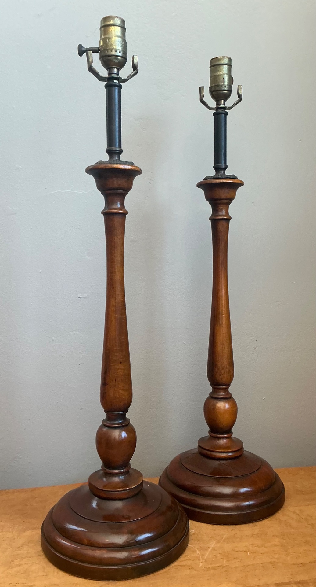 Vintage Theodore Alexander Turned Wood Candlestick Table Lamps - A Pair - Back view