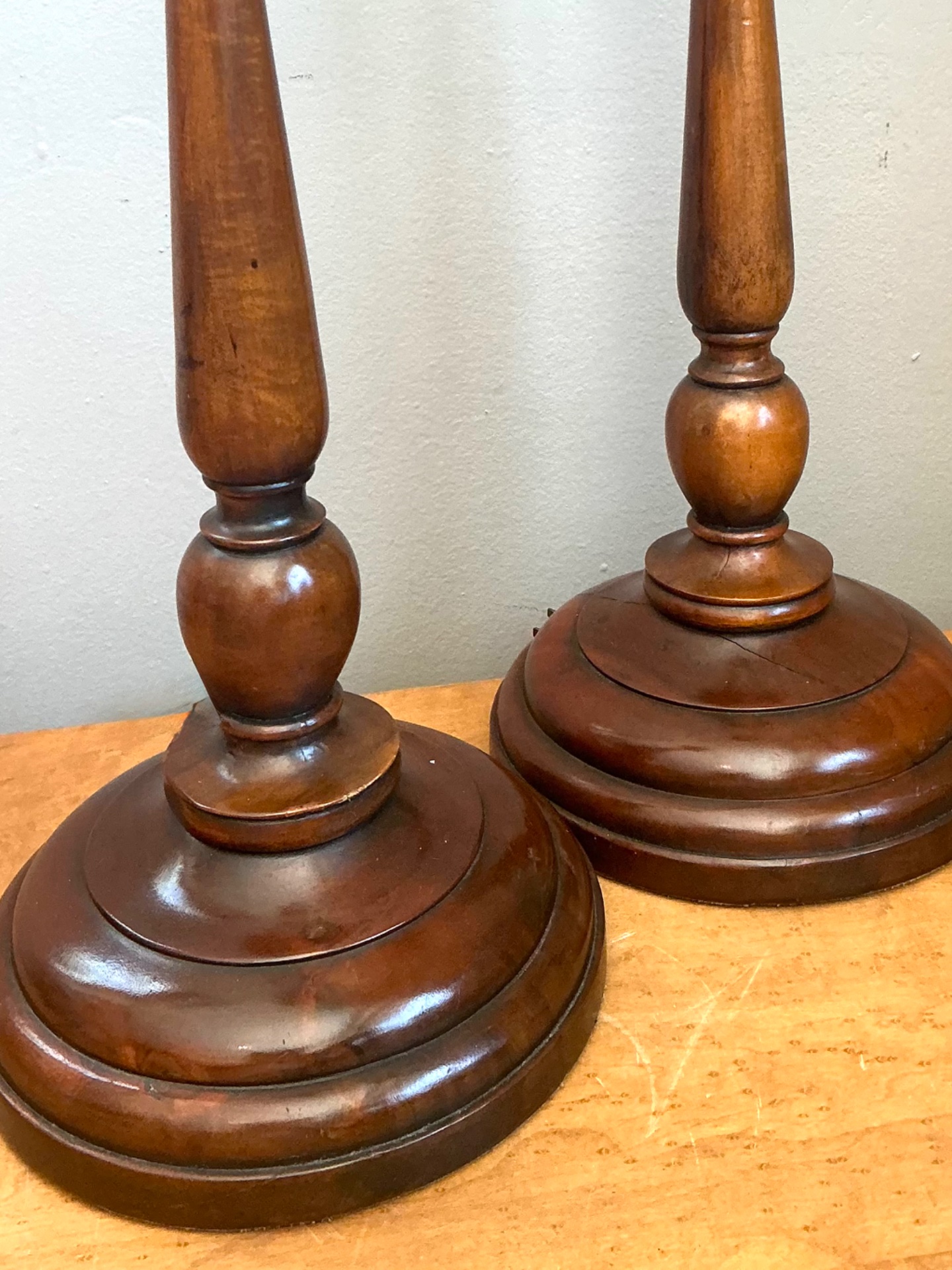 Vintage Theodore Alexander Turned Wood Candlestick Table Lamps - A Pair - Top view