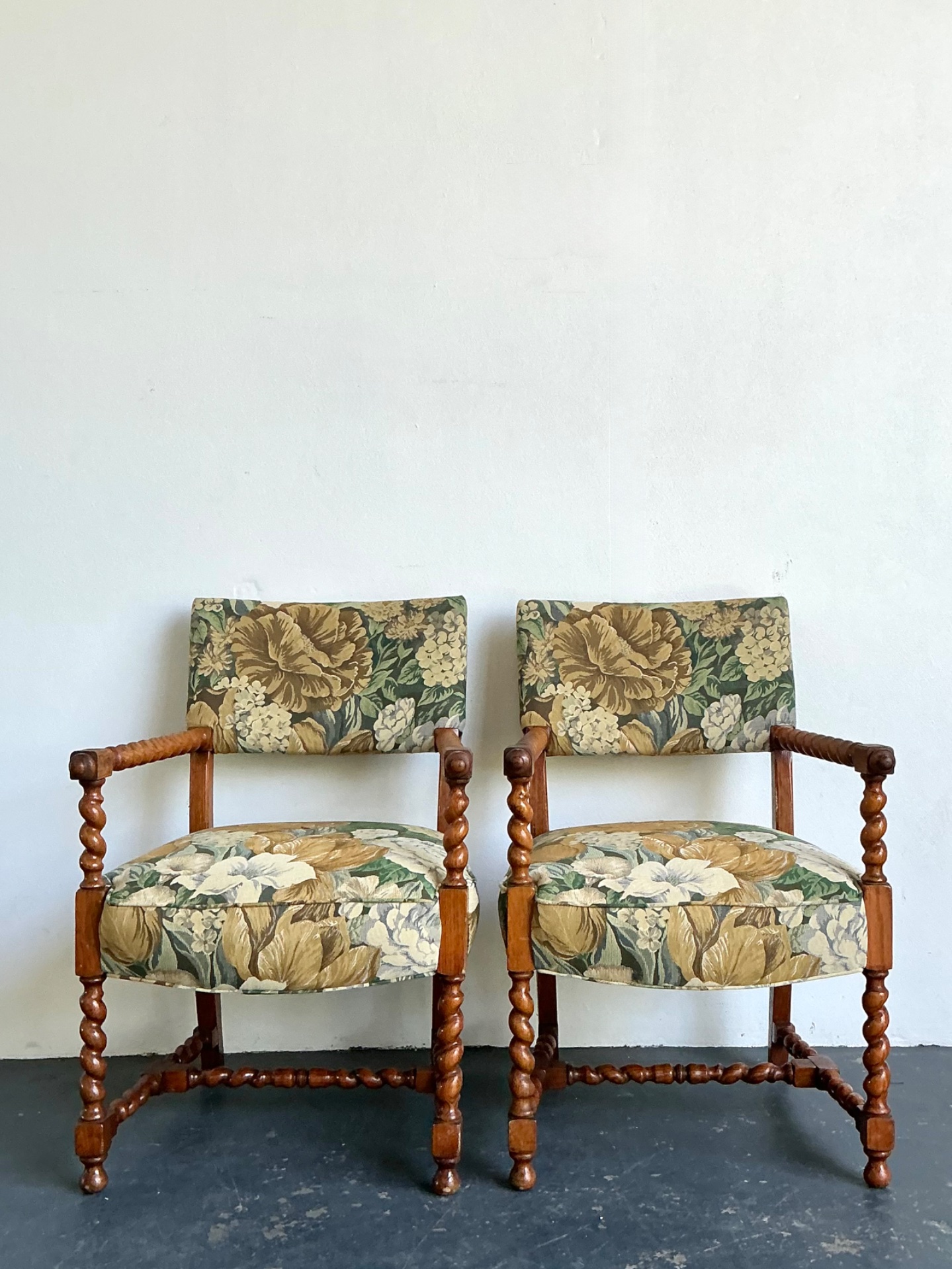 Vintage Twisted Wood Dorothy Draper Upholstered Barley Twist Armchairs - Top view