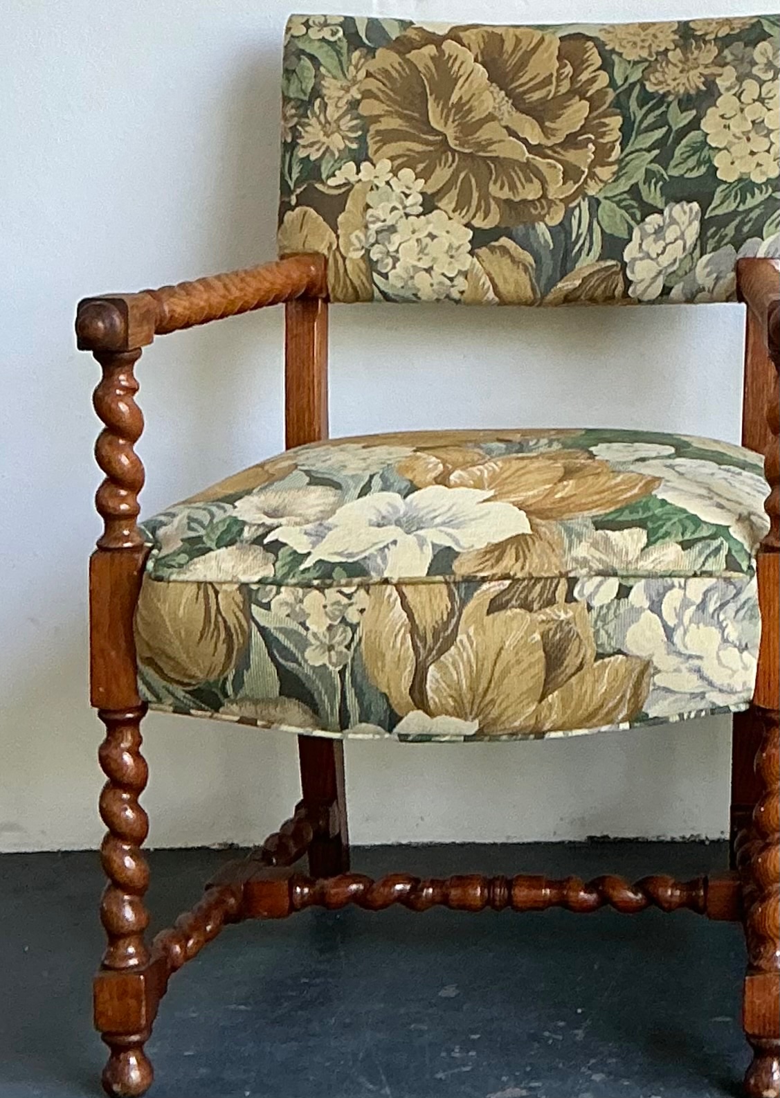 Vintage Twisted Wood Dorothy Draper Upholstered Barley Twist Armchairs - Side view