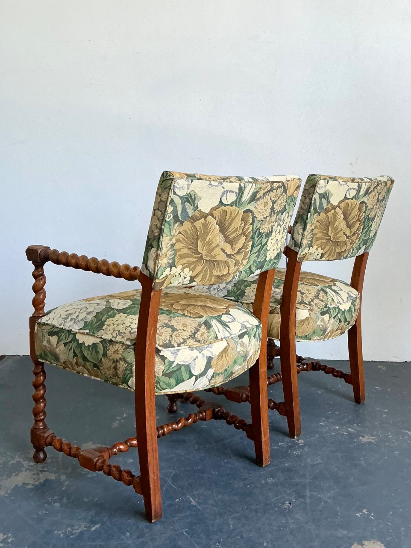 Vintage Twisted Wood Dorothy Draper Upholstered Barley Twist Armchairs - Back view