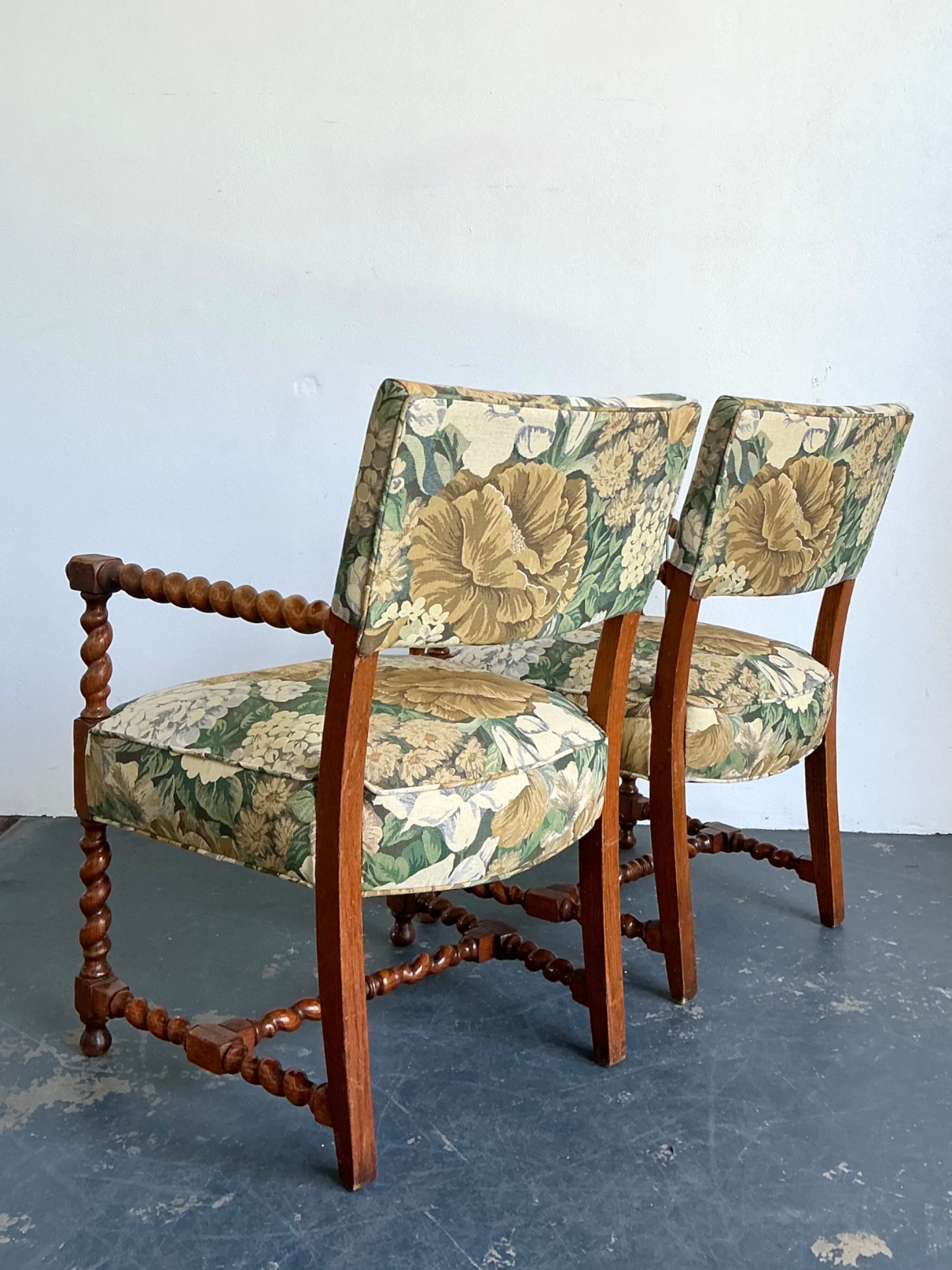 Vintage Twisted Wood Dorothy Draper Upholstered Barley Twist Armchairs - Detail view