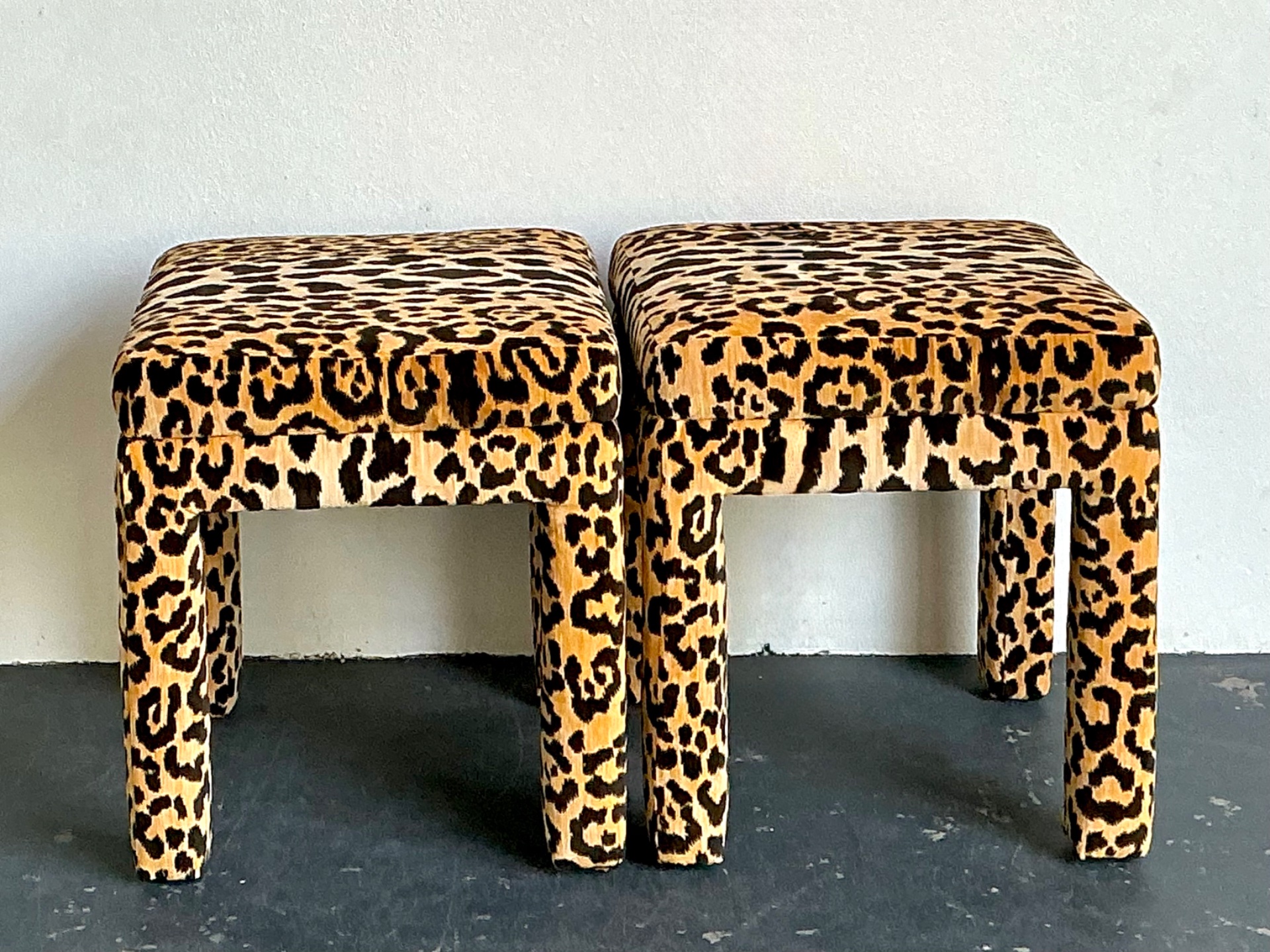 Vintage Leopard Velvet Upholstered Stools - Set of 2 - Back view