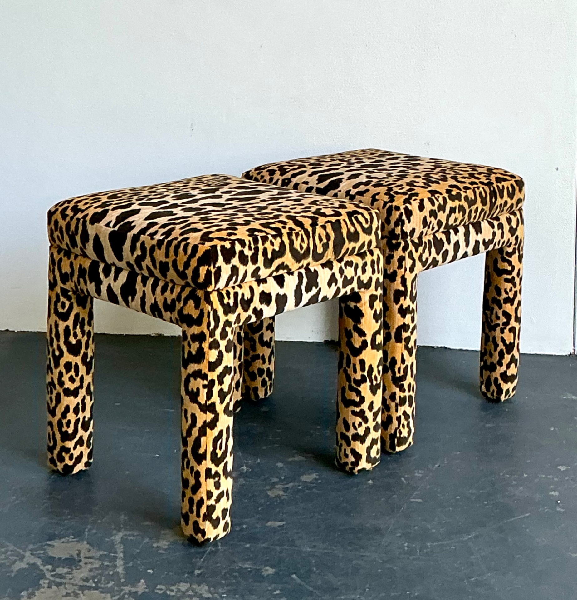 Vintage Leopard Velvet Upholstered Stools - Set of 2 - Top view