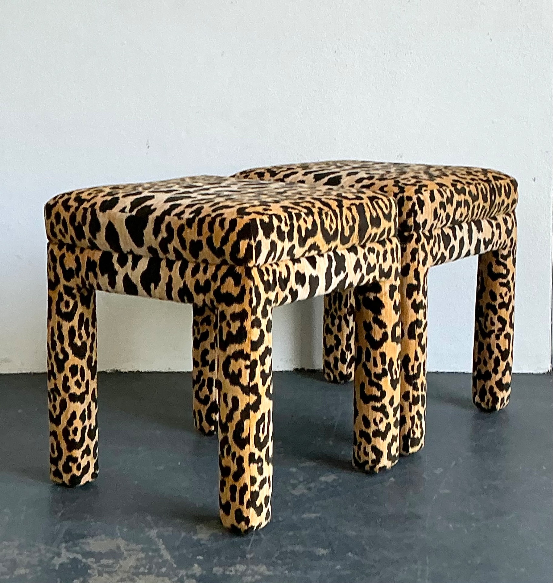 Vintage Leopard Velvet Upholstered Stools - Set of 2 - Side view