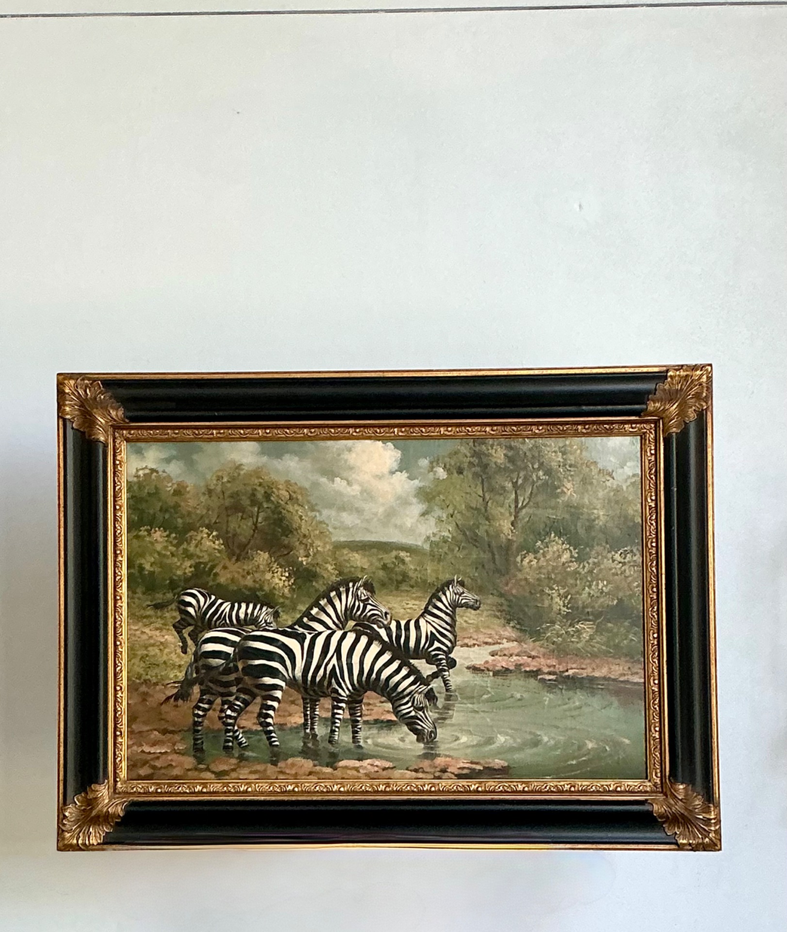 Vintage Zebra Landscape Oil Painting - Detail view