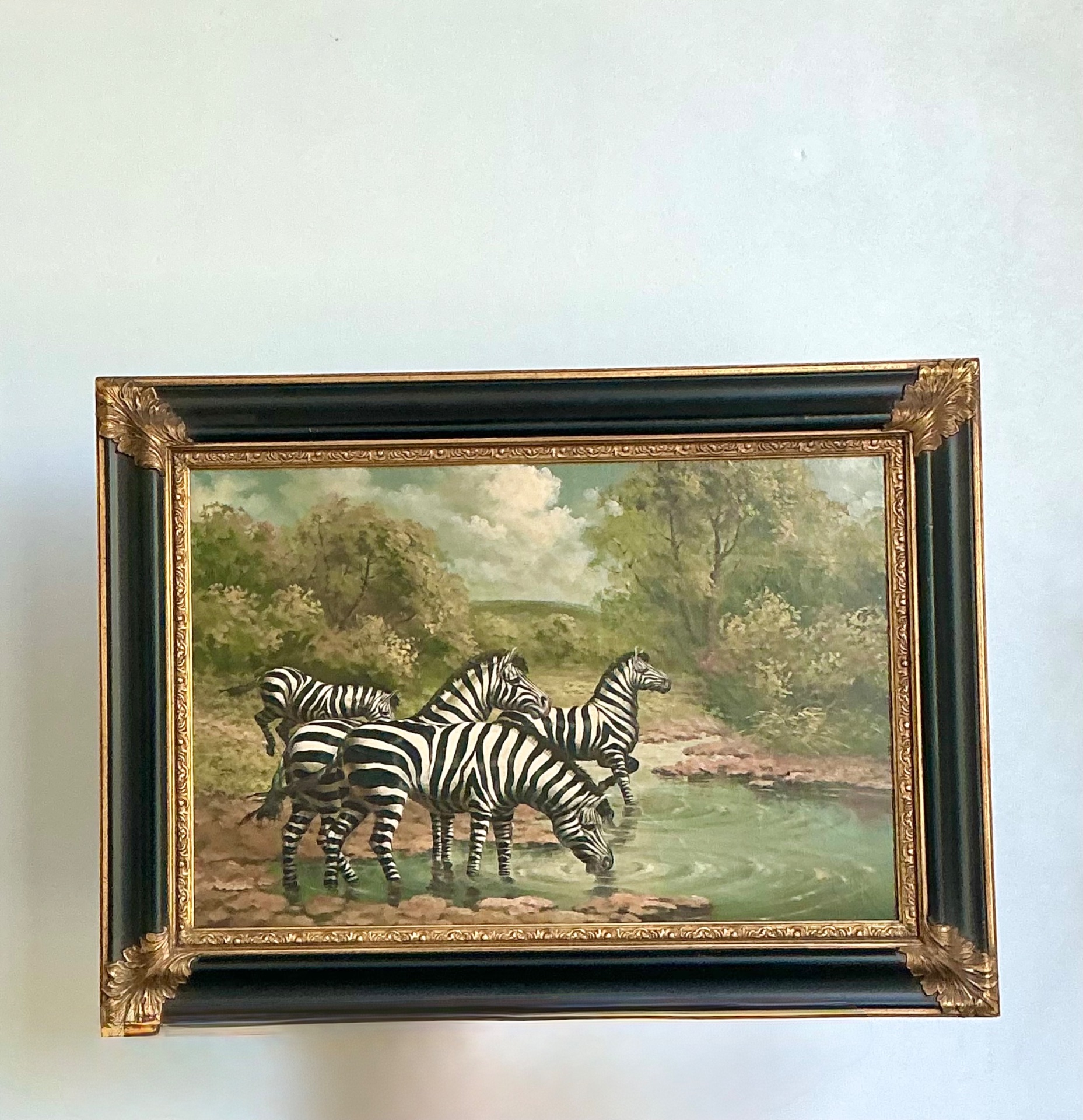 Vintage Zebra Landscape Oil Painting - Top view