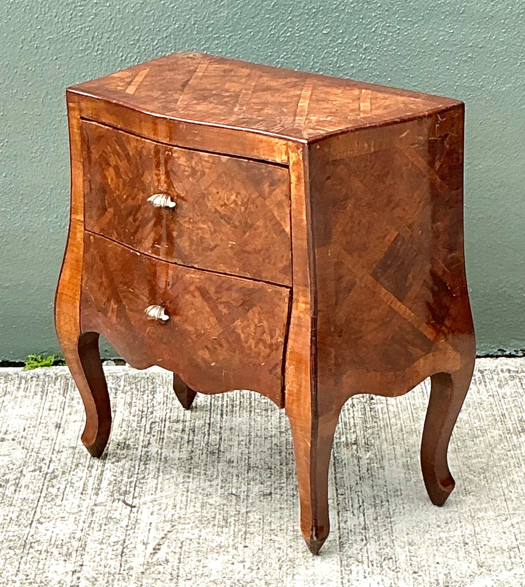 Vintage Petite Burl Wood Bombe Chest - Side view