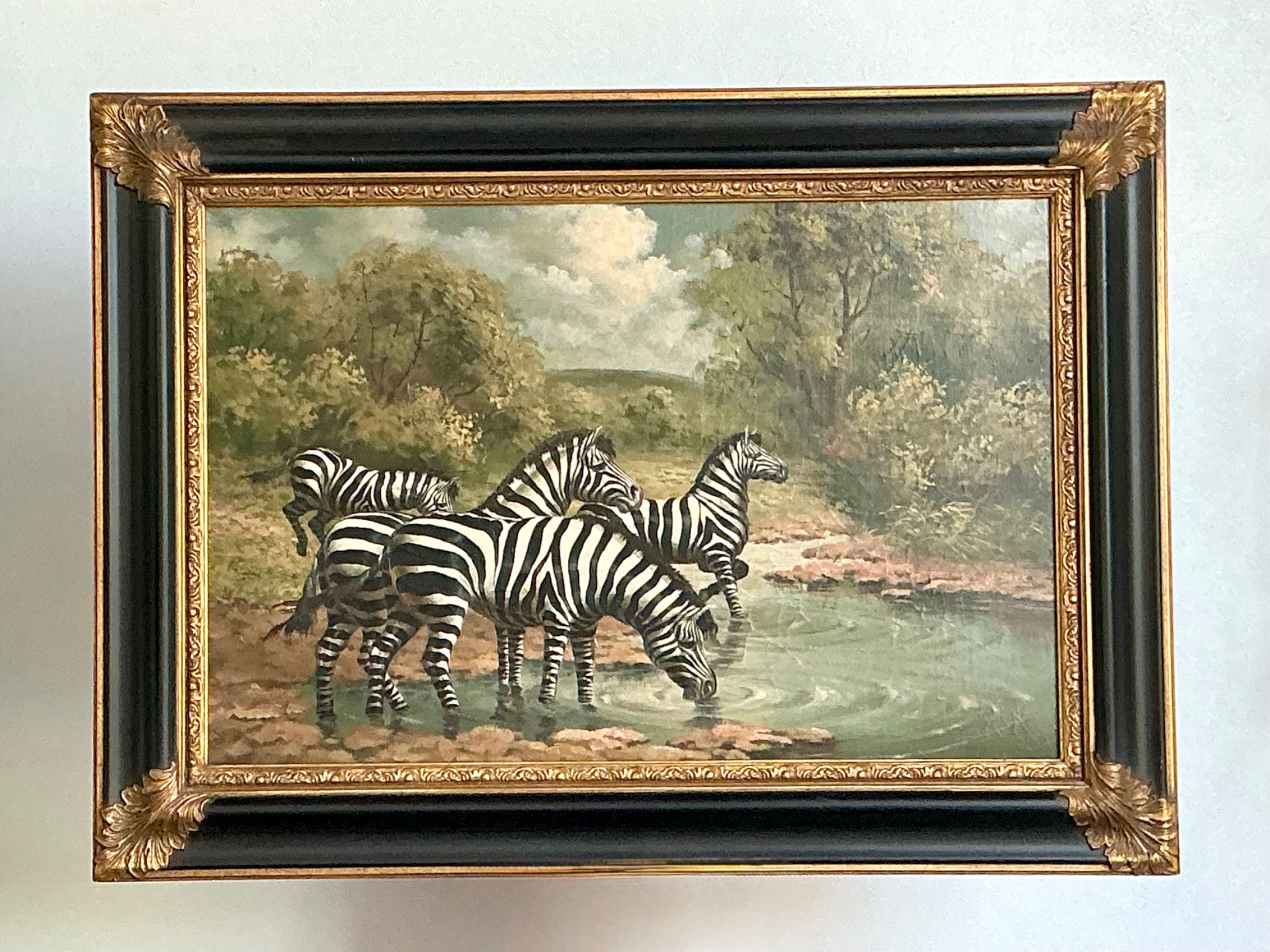 Vintage Zebra Landscape Oil Painting - Back view