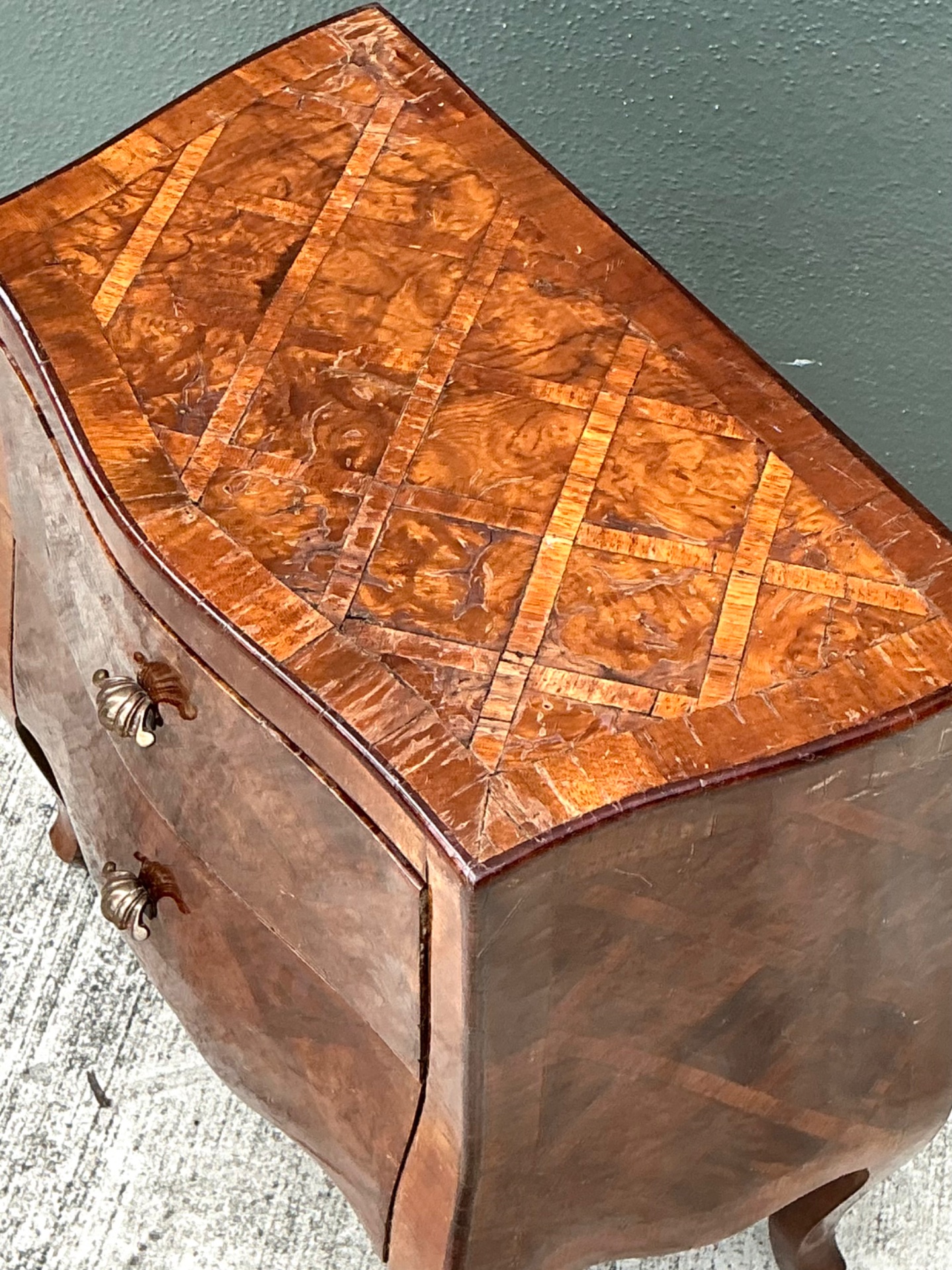 Vintage Petite Burl Wood Bombe Chest - Back view