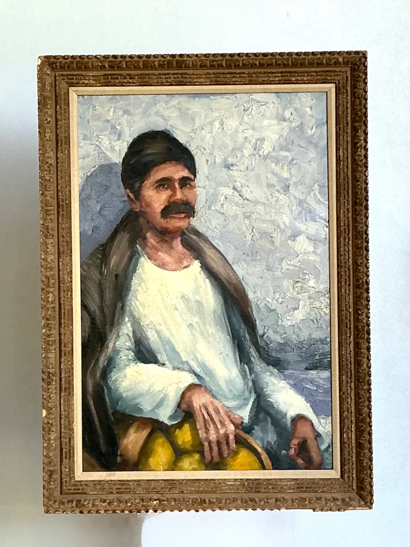 Vintage Expressionist Impasto Portrait in Wood Frame - Top view