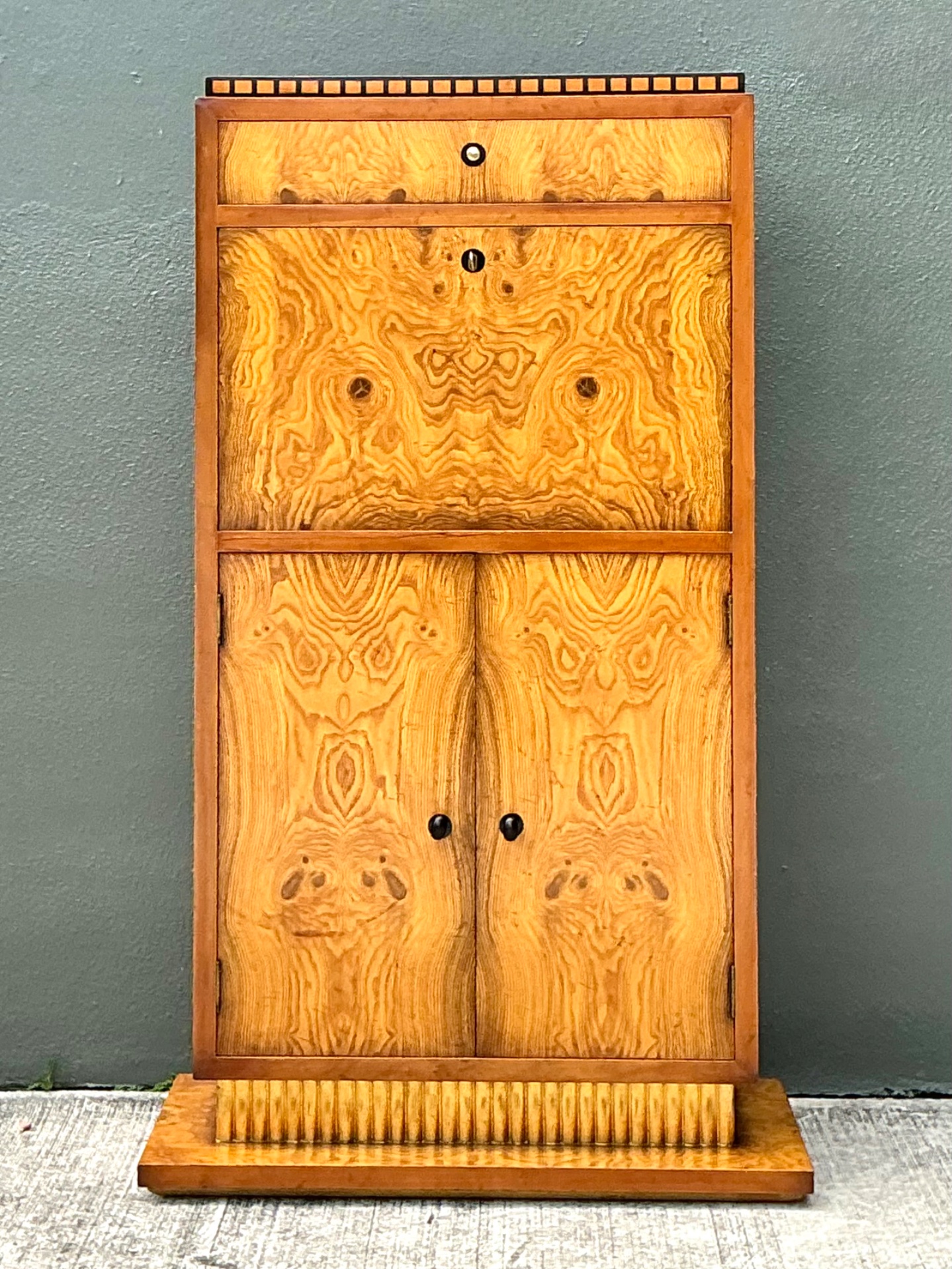 Vintage Art Deco Burlwood Secretaire Cabinet - Side view