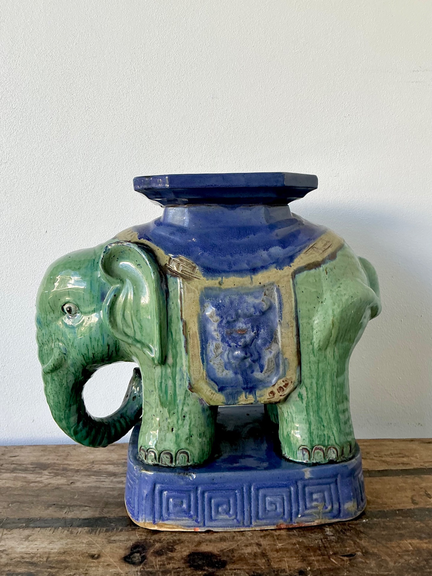 Vintage Glazed Ceramic Elephant Low Stool - Side view