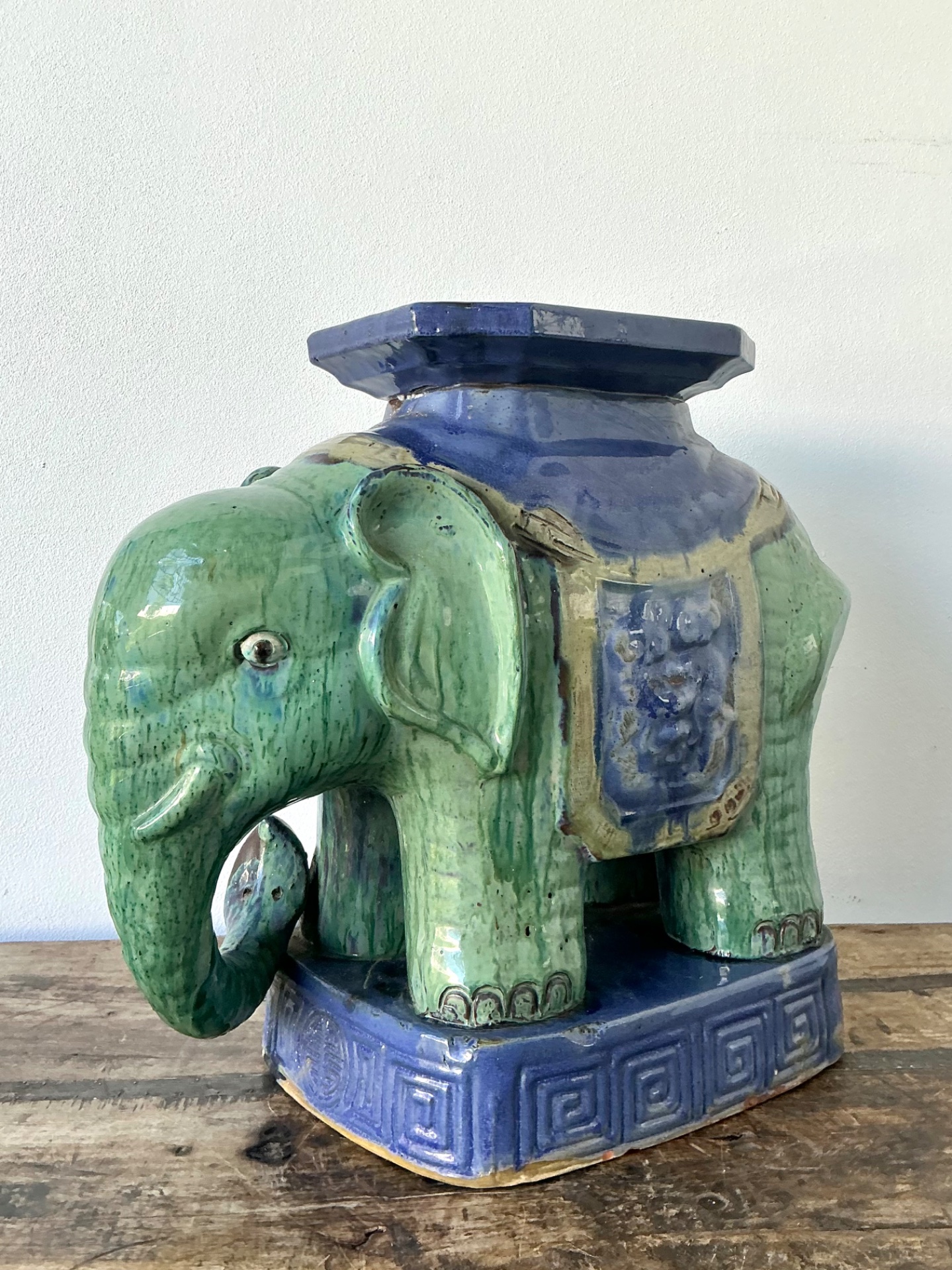 Vintage Glazed Ceramic Elephant Low Stool - Back view