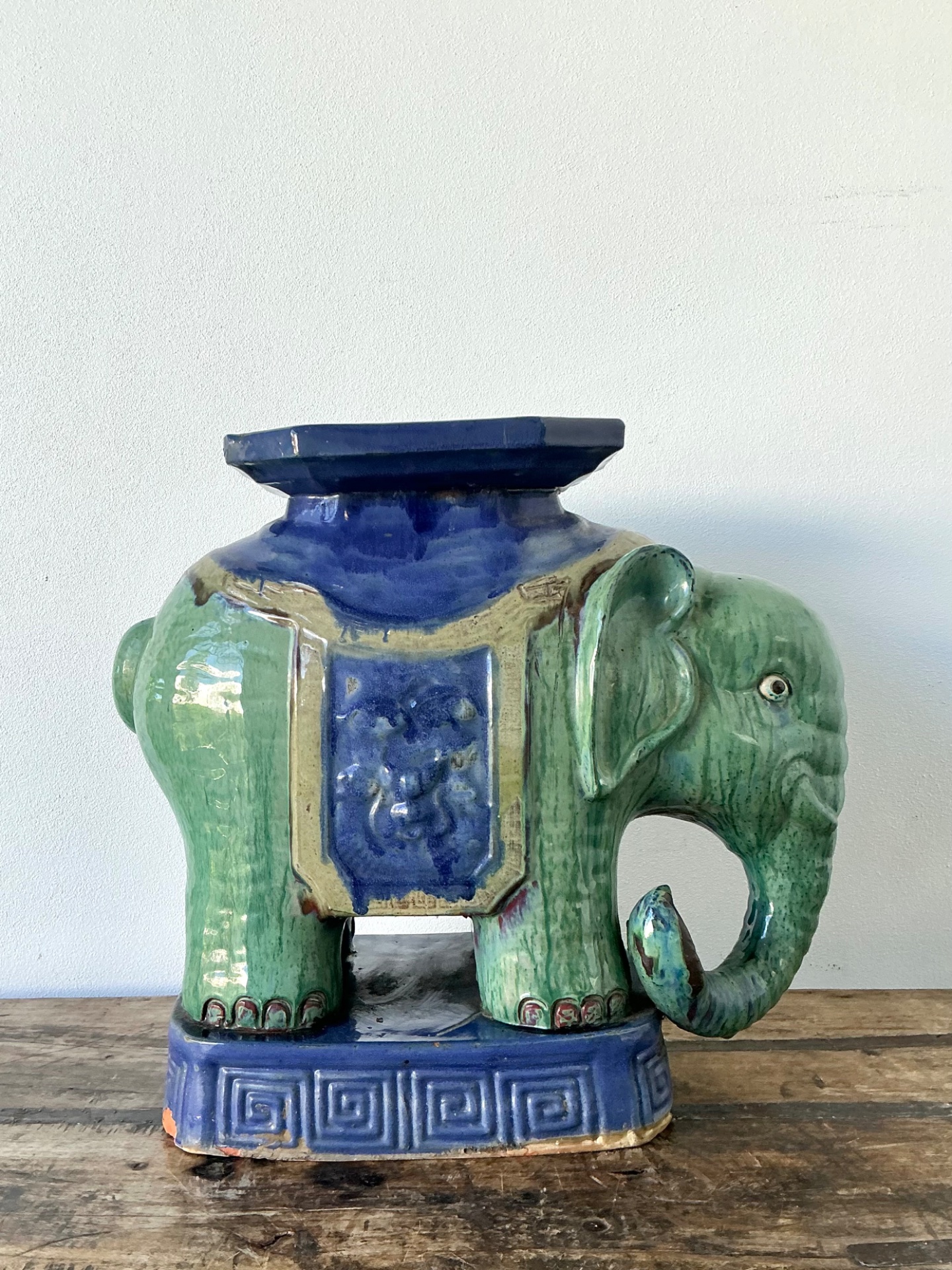 Vintage Glazed Ceramic Elephant Low Stool - Detail view