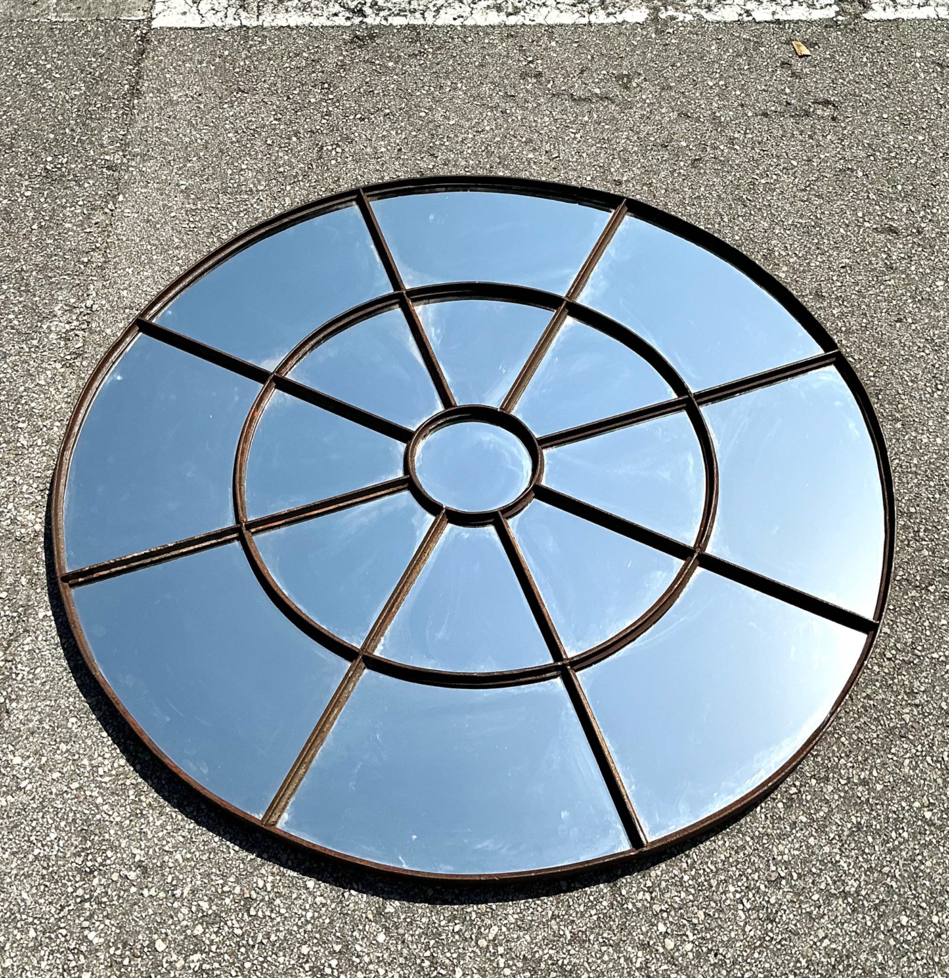 Vintage Round Wrought Iron Windowpane Mirror - Side view