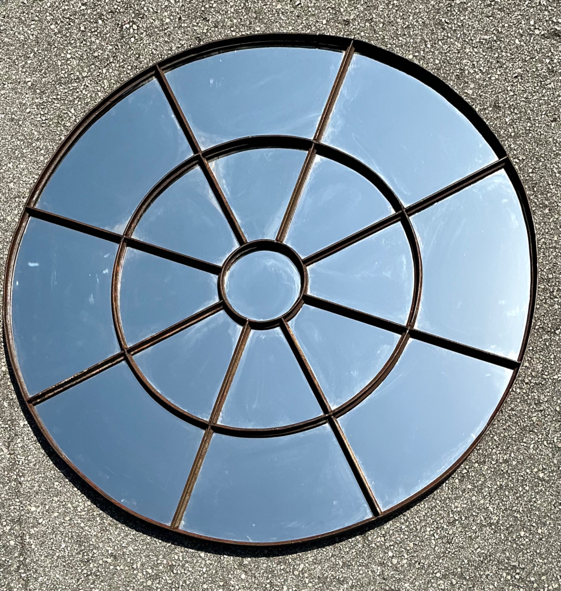 Vintage Round Wrought Iron Windowpane Mirror - Back view