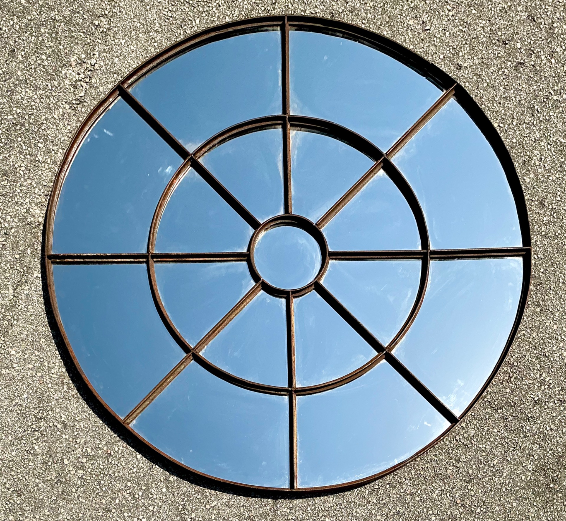 Vintage Round Wrought Iron Windowpane Mirror - Top view