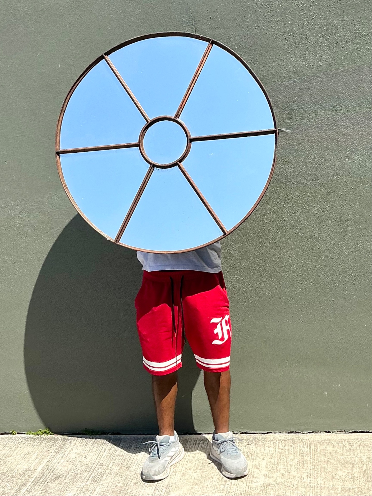 Vintage Wrought Iron Round Windowpane Mirror - Top view